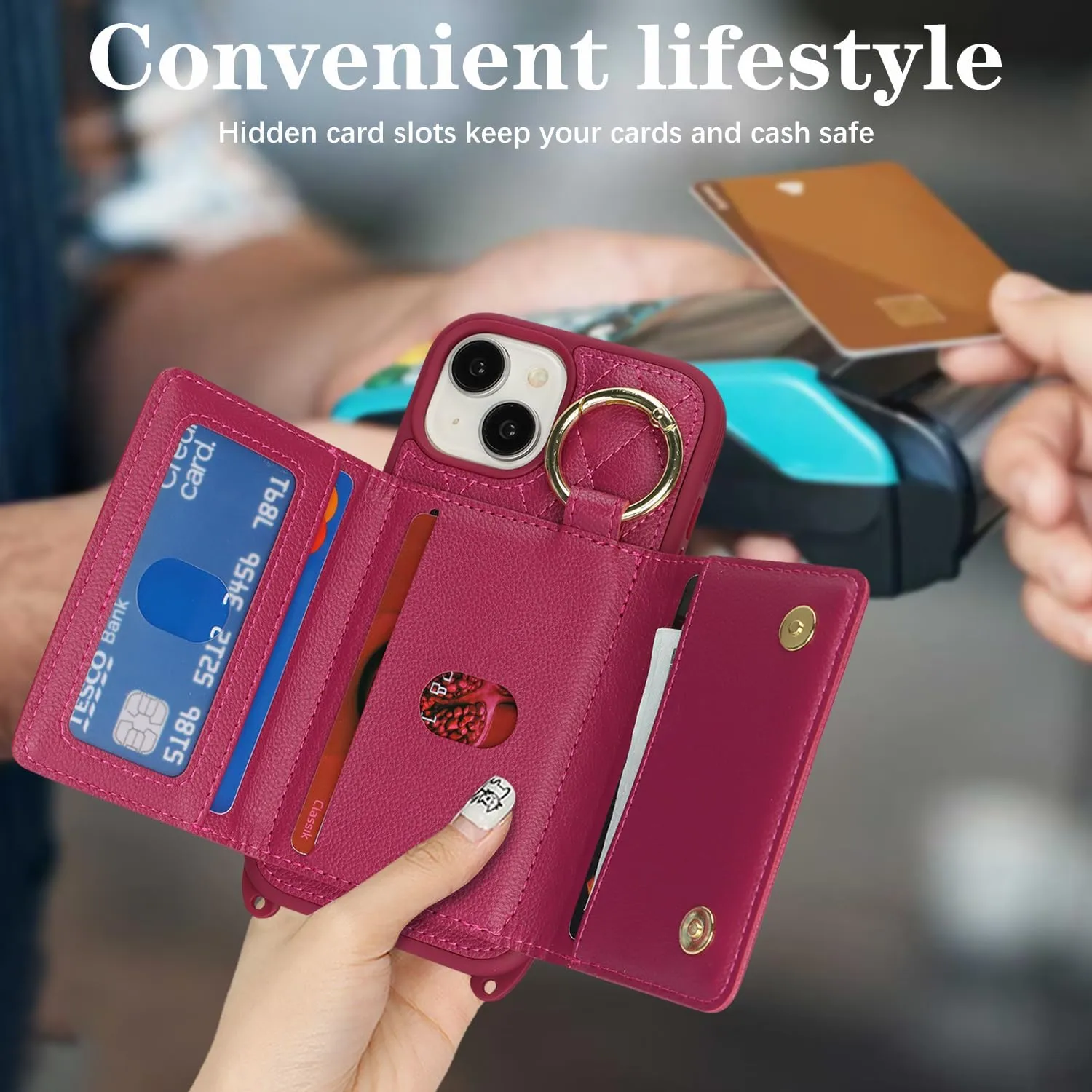 for iPhone 13 Phone Case with Card Holder and Strap for Women, Crossbody Bag with Ring Stand Make Up Mirror Wallet Case for Apple13 Purse - Rose red