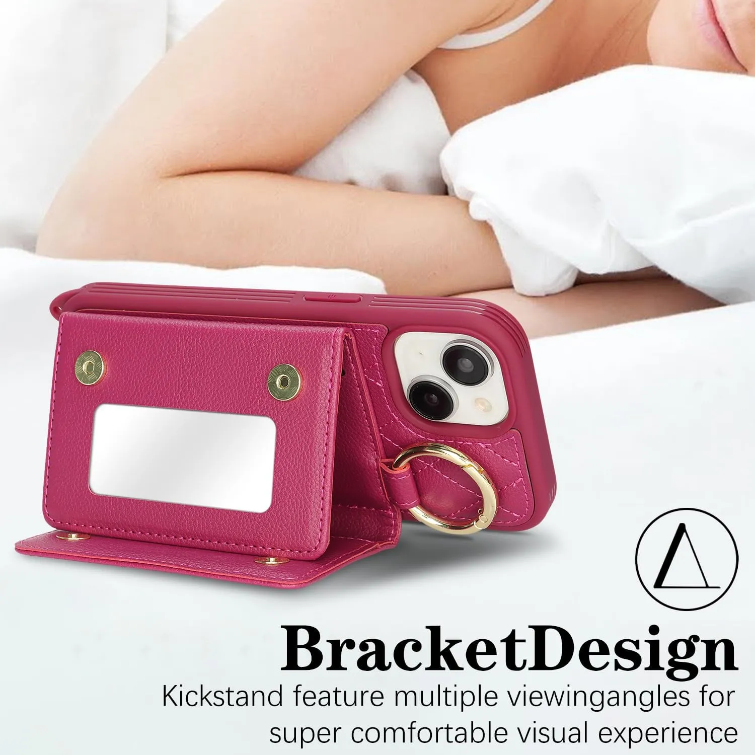 for iPhone 13 Phone Case with Card Holder and Strap for Women, Crossbody Bag with Ring Stand Make Up Mirror Wallet Case for Apple13 Purse - Rose red