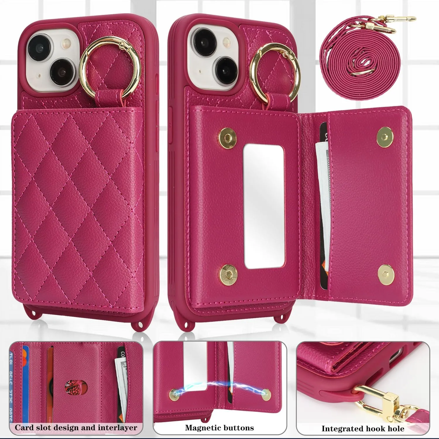 for iPhone 13 Phone Case with Card Holder and Strap for Women, Crossbody Bag with Ring Stand Make Up Mirror Wallet Case for Apple13 Purse - Rose red