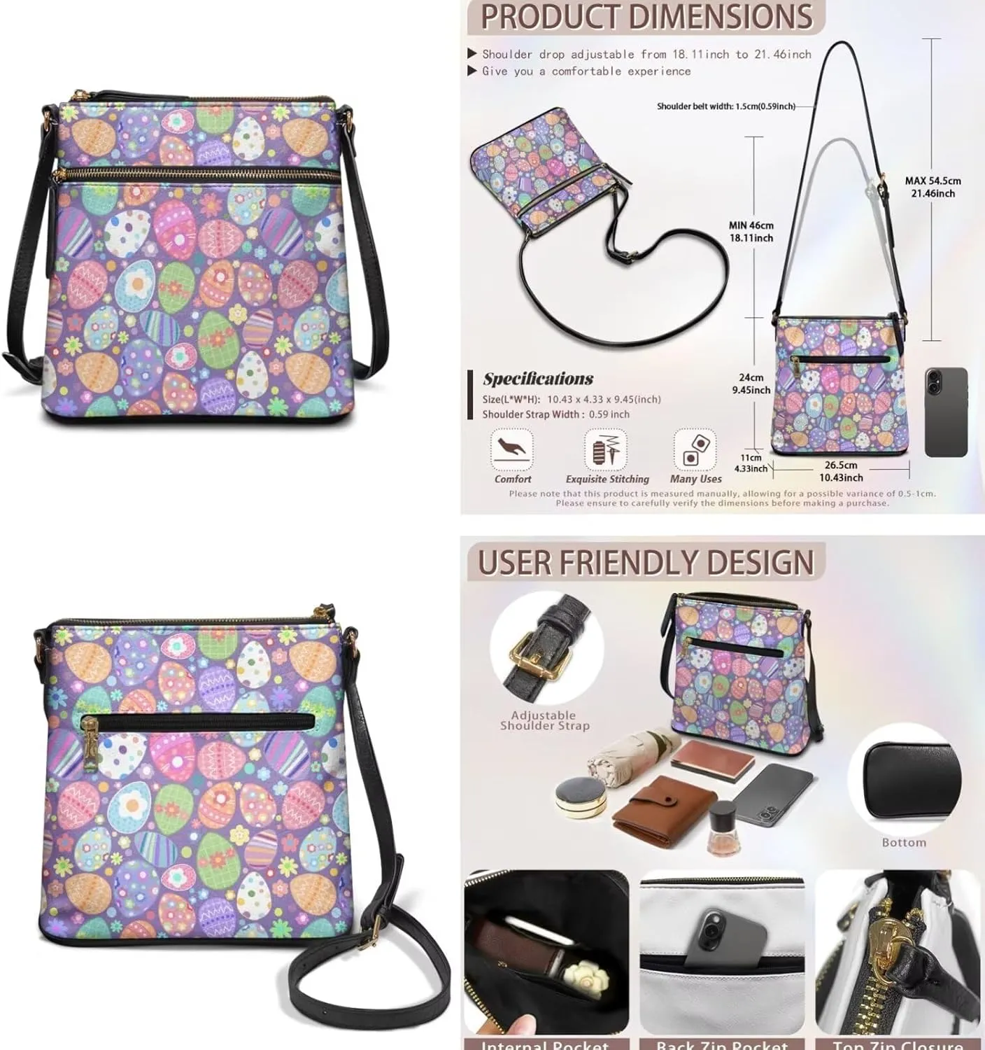 FOR U DESIGNS Purses for Women PU Leather Multi Pockets Easter Bunny Cross Body Purse and Matching Wallet Set