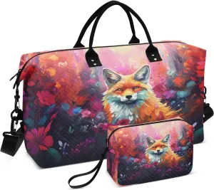 Fox Travel Duffle Bag Gym Bag, Fox Flower Bush Oil Painting Weekender Bags for Women with Toiletry Bag Travel Tote Bag Swim Bag
