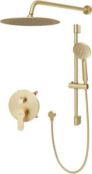 Gabrylly Shower System, Gold Shower Faucet Set with 10" Rain Head and 5-Setting Handheld Spray,2 Way Pressure Balance Valve Kit, Brushed Gold