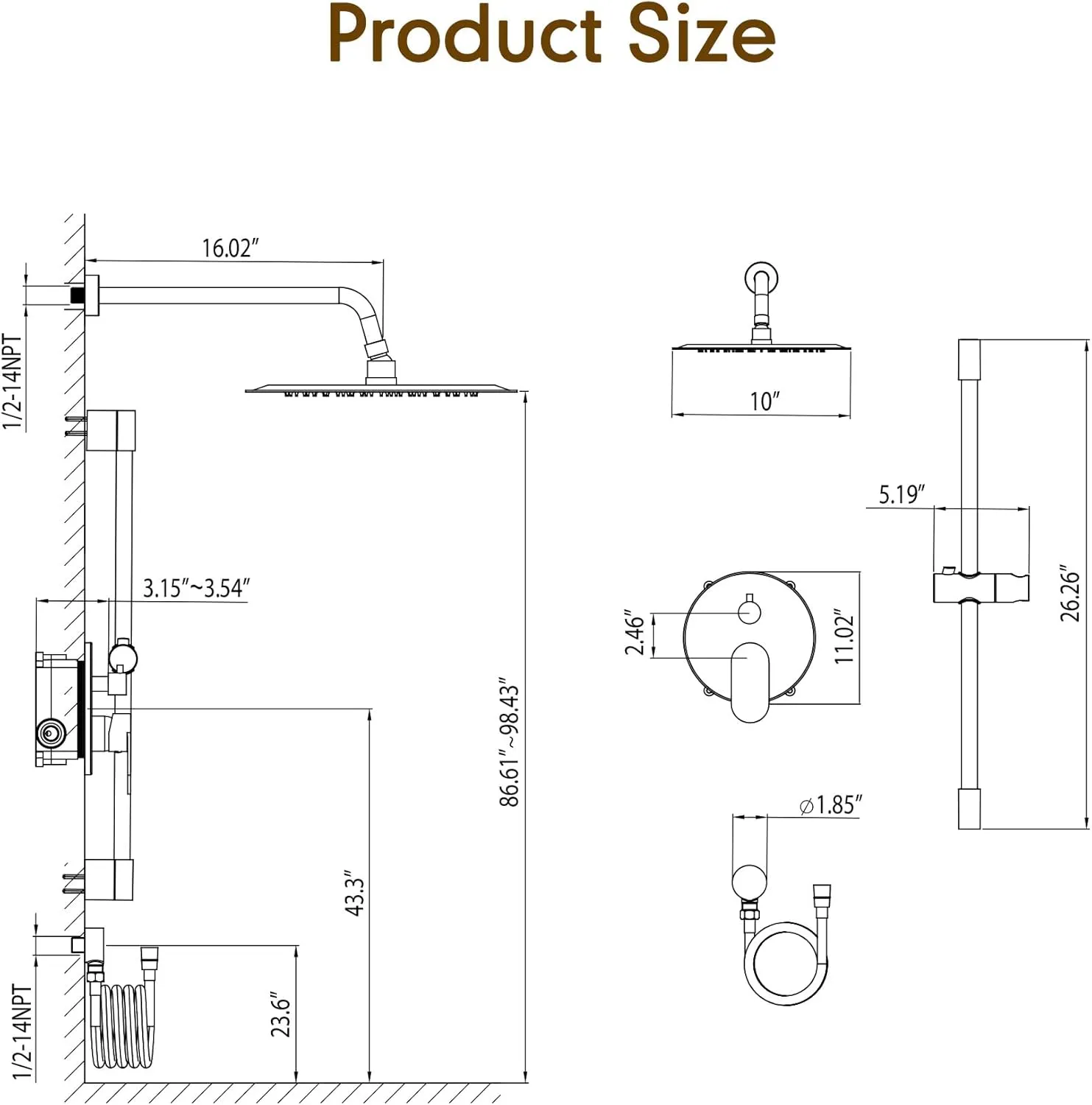 Gabrylly Shower System, Gold Shower Faucet Set with 10" Rain Head and 5-Setting Handheld Spray,2 Way Pressure Balance Valve Kit, Brushed Gold