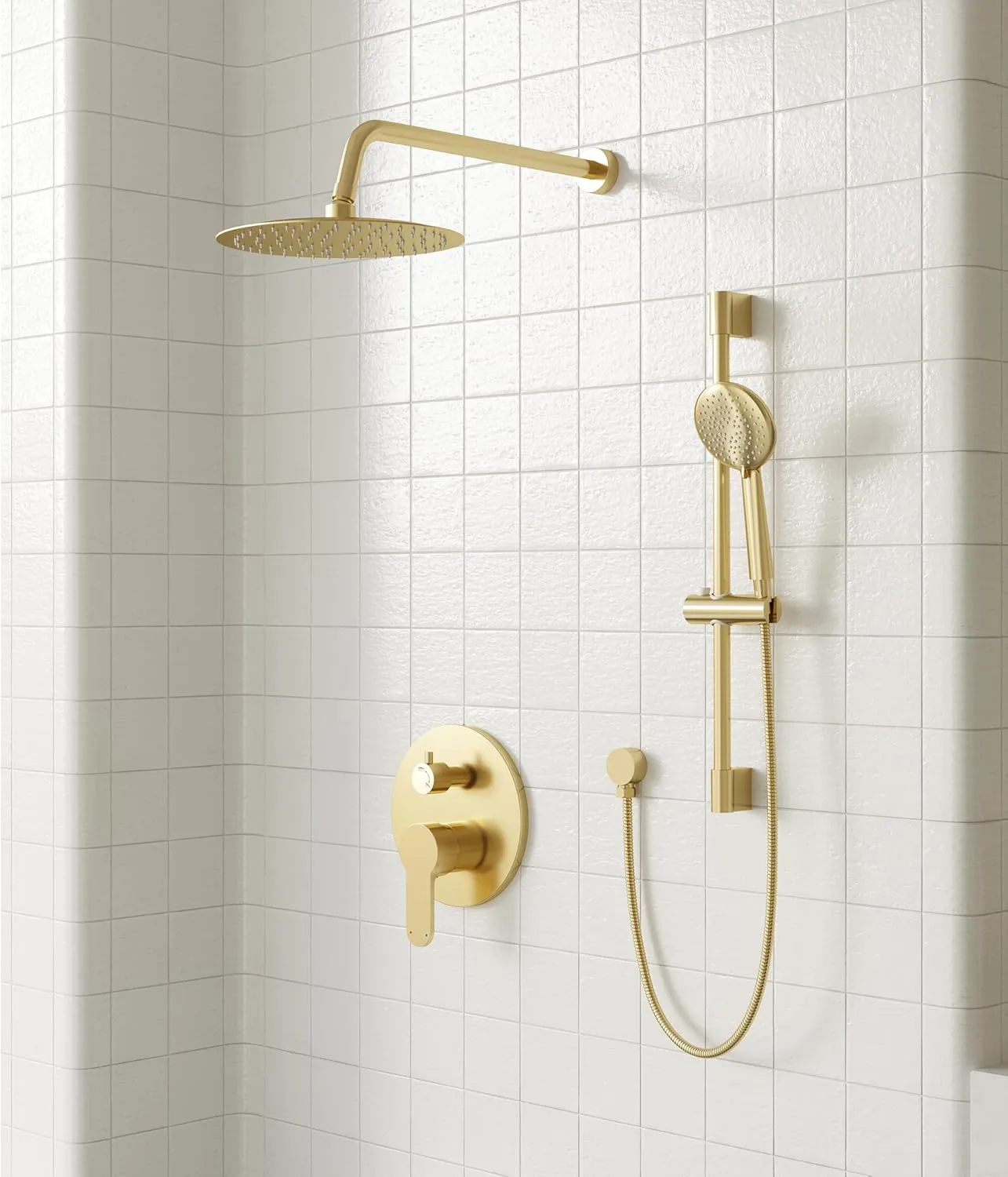Gabrylly Shower System, Gold Shower Faucet Set with 10" Rain Head and 5-Setting Handheld Spray,2 Way Pressure Balance Valve Kit, Brushed Gold
