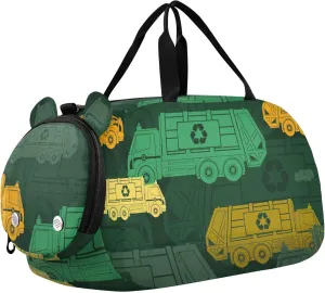 Garbage Trucks Green Yellow Sports Duffle Bag for Girls Boys, Gym Bag with Shoe Compartment, Kids Travel Overnight Weekender Shoulder Bag