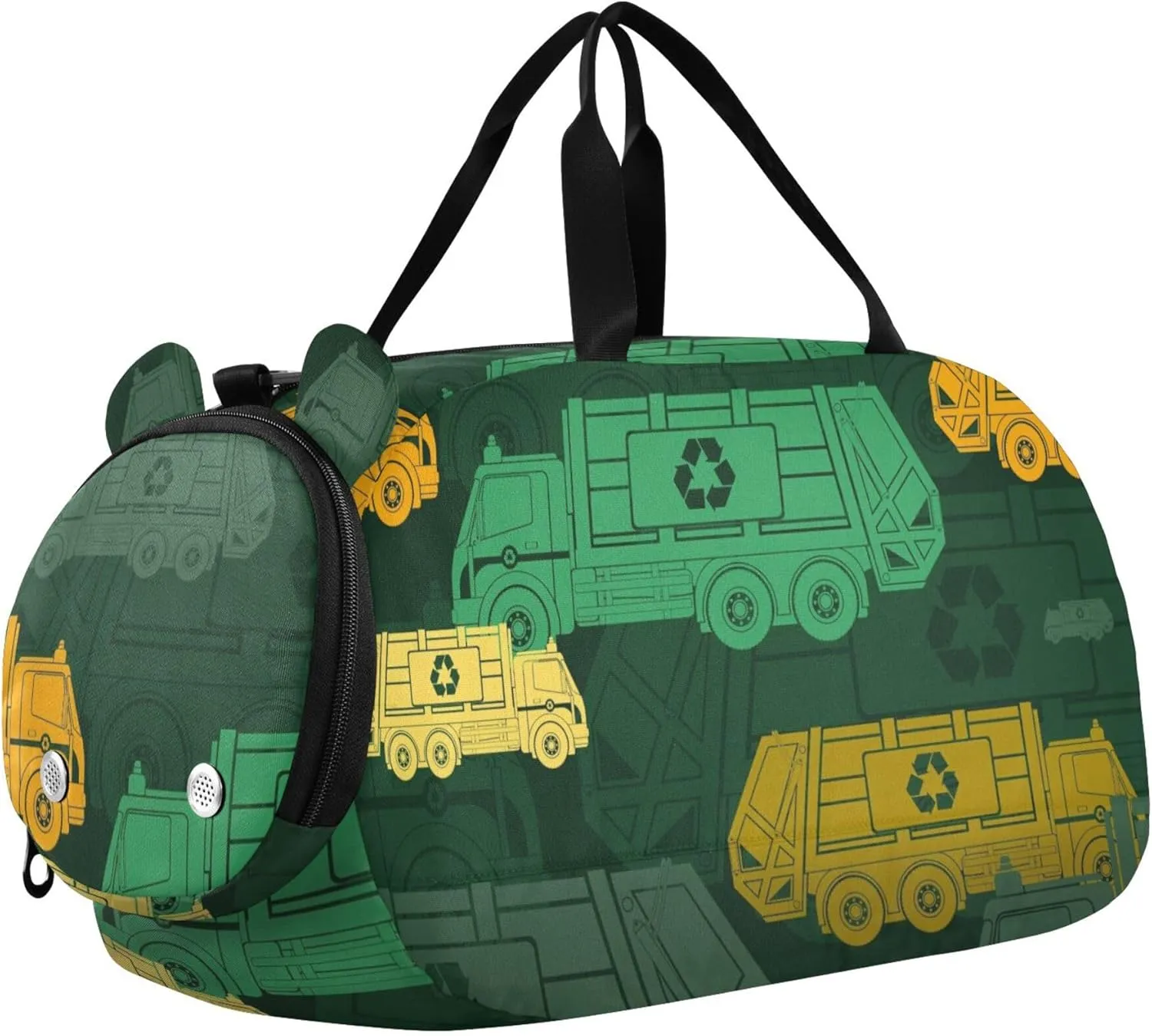 Garbage Trucks Green Yellow Sports Duffle Bag for Girls Boys, Gym Bag with Shoe Compartment, Kids Travel Overnight Weekender Shoulder Bag