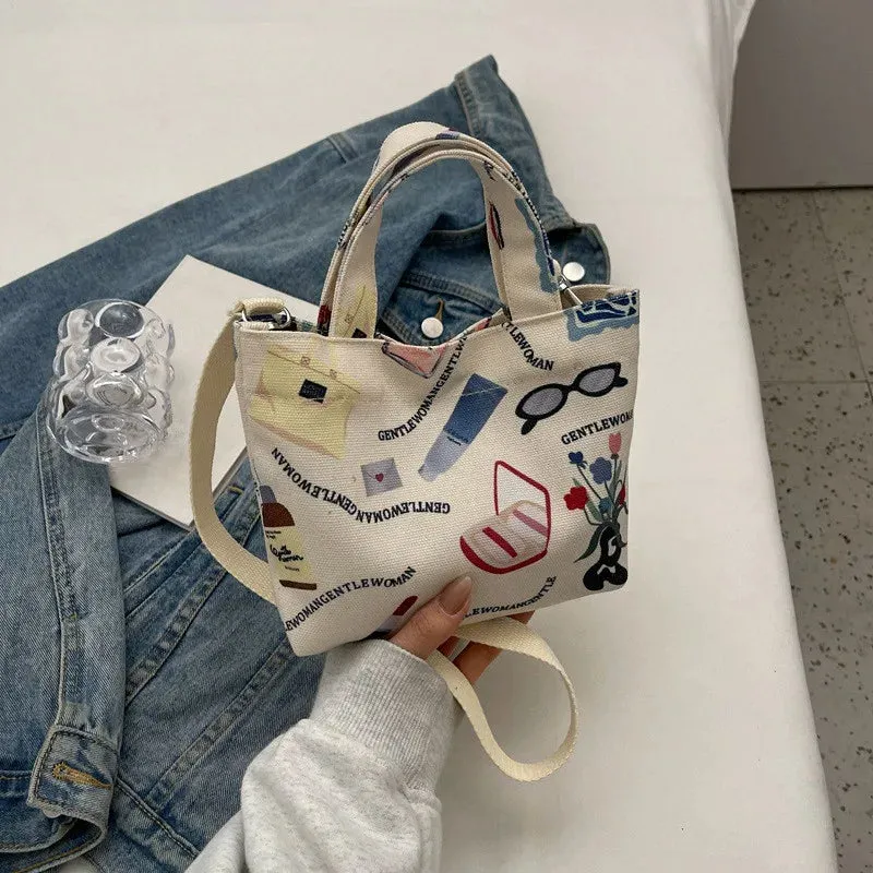 Gentle Woman Letter Printing Small Tote Bag, Street Trendy Canvas Mini Handbag Shoulder Bag, Versatile Teen Women Crossbody Bag,