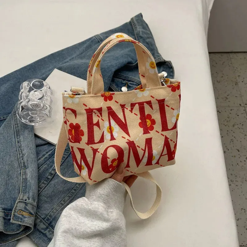 Gentle Woman Letter Printing Small Tote Bag, Street Trendy Canvas Mini Handbag Shoulder Bag, Versatile Teen Women Crossbody Bag,