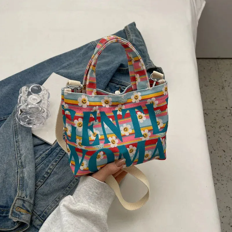 Gentle Woman Letter Printing Small Tote Bag, Street Trendy Canvas Mini Handbag Shoulder Bag, Versatile Teen Women Crossbody Bag,