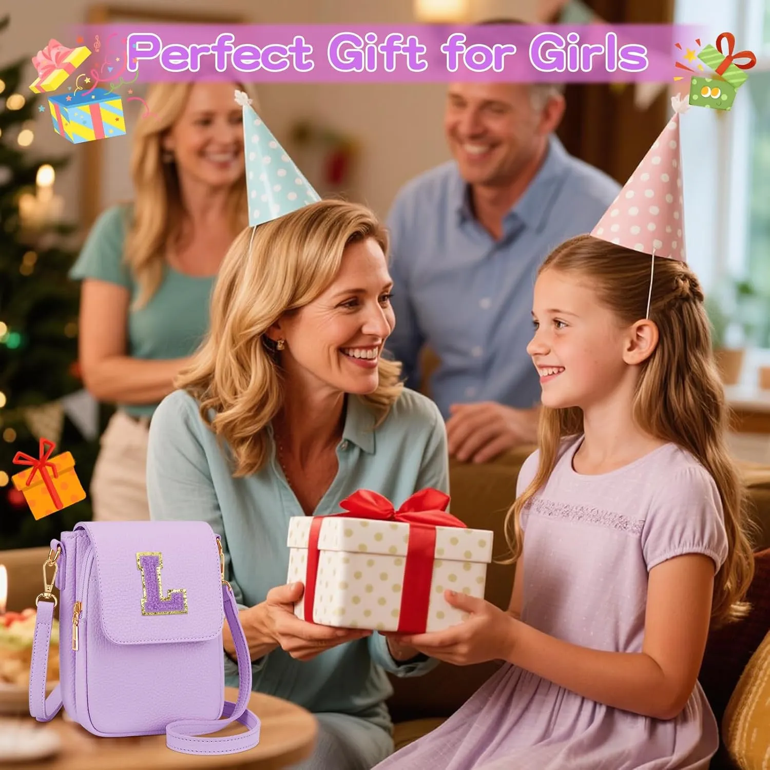 Gift for Girls Small Initial Crossbody Bag for Teens Vegan Leather Cell Phone Kids Purse (Purple-L)