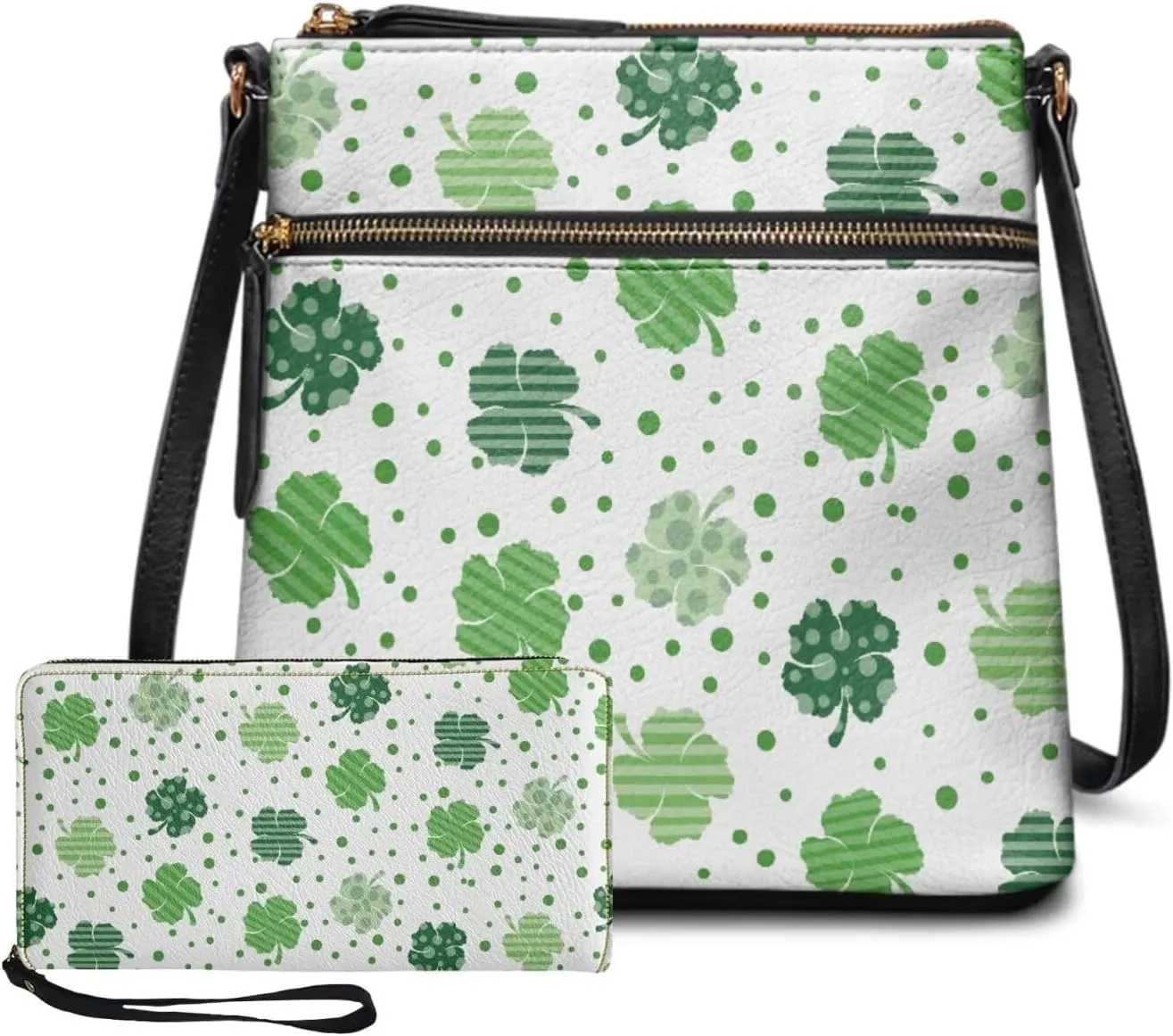 GIFTPUZZ Satchel Shoulder Bag for Women Zip Around Crossbody Purse Set for Ladies 2PCS St. Patrick's Day Gifts