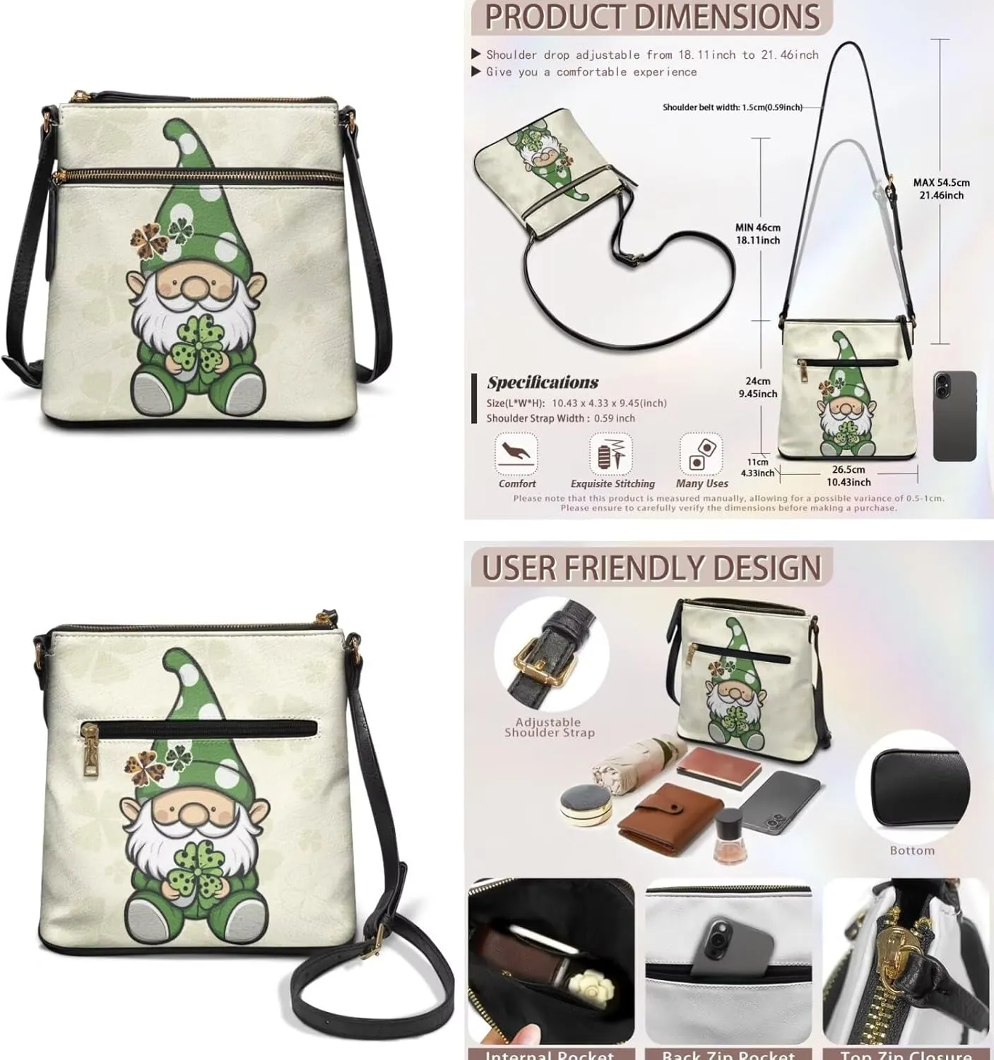 GIFTPUZZ Satchel Shoulder Bag for Women Zip Around Crossbody Purse Set for Ladies 2PCS St. Patrick's Day Gifts