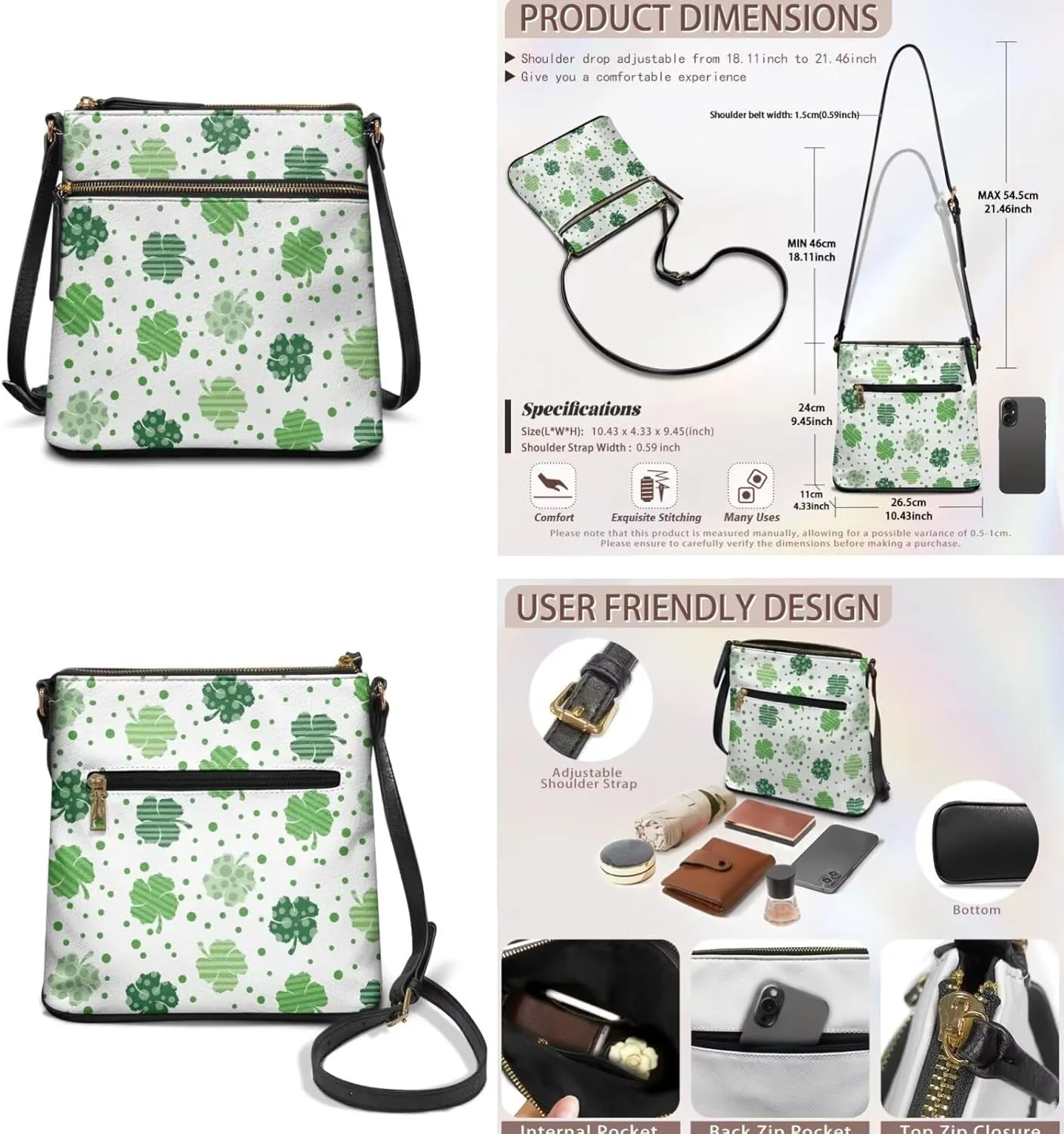 GIFTPUZZ Satchel Shoulder Bag for Women Zip Around Crossbody Purse Set for Ladies 2PCS St. Patrick's Day Gifts
