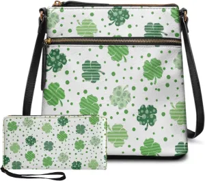 GIFTPUZZ Satchel Shoulder Bag for Women Zip Around Crossbody Purse Set for Ladies 2PCS St. Patrick's Day Gifts