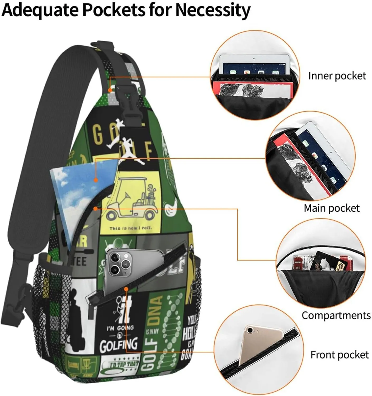 Golf Print Sling Bags Crossbody Backpack Hiking Daypack Multipurpose Golf Chest Bag for Women Men