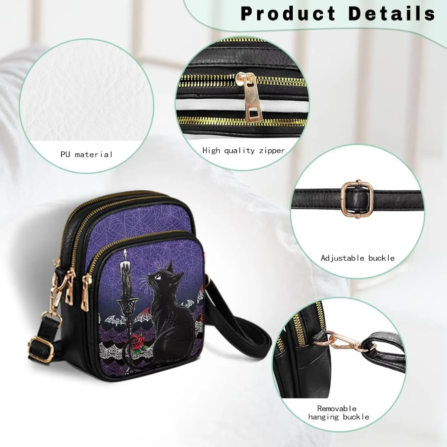 Gothic Small Crossbody Bags PU Leather Handbags for Women, Travel Wallet Zipper Phone Pouch with Adjustable Strap