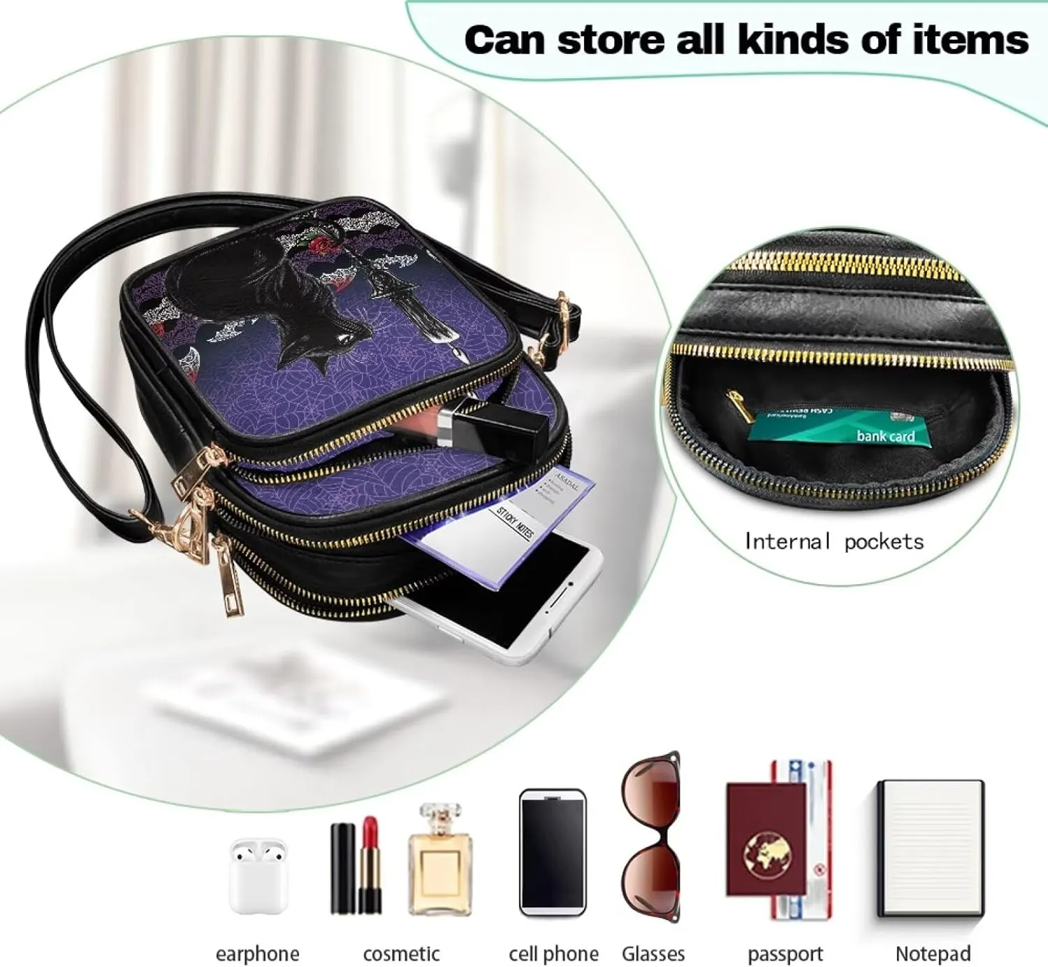Gothic Small Crossbody Bags PU Leather Handbags for Women, Travel Wallet Zipper Phone Pouch with Adjustable Strap