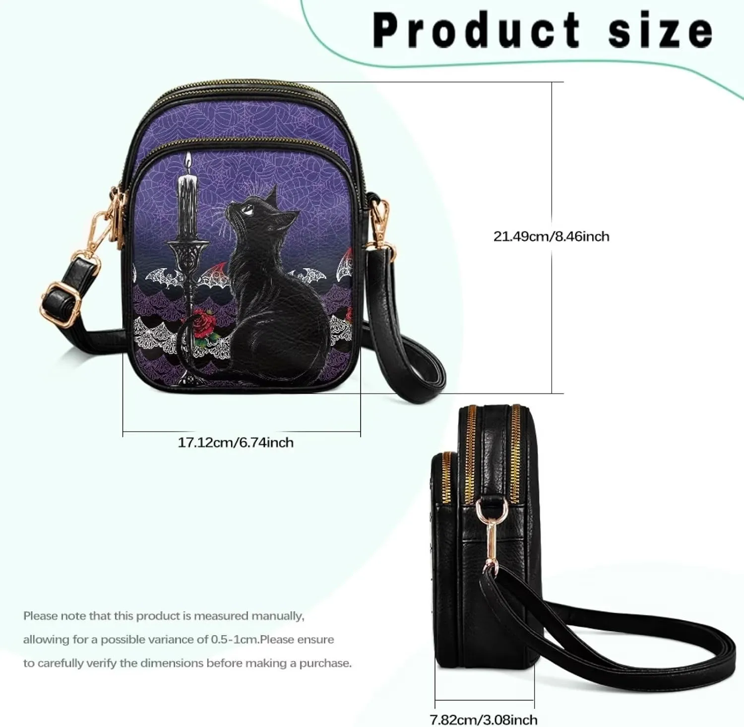 Gothic Small Crossbody Bags PU Leather Handbags for Women, Travel Wallet Zipper Phone Pouch with Adjustable Strap