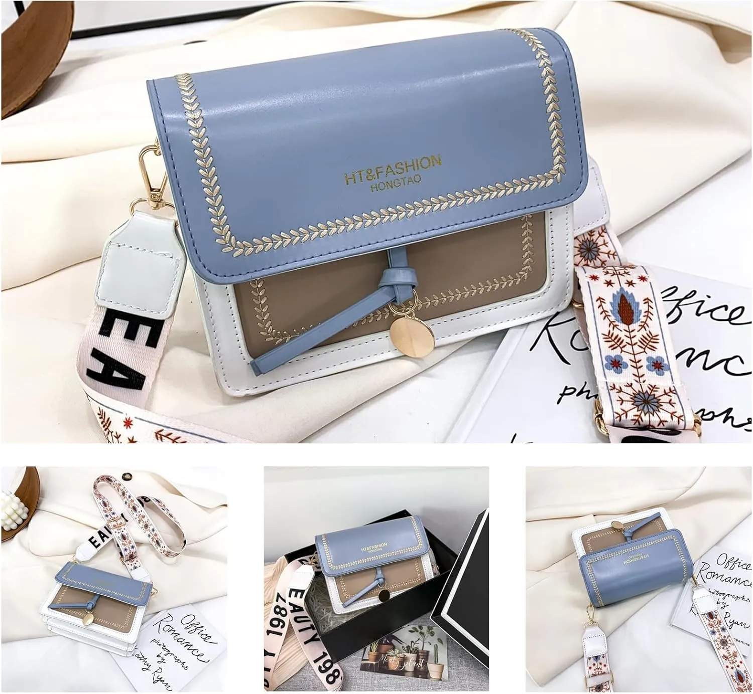 Guitar Strap Color-Block Crossbody Bags for Women Cute Designer Handbags Trendy Cross Body Purse Leather Shoulder Bag