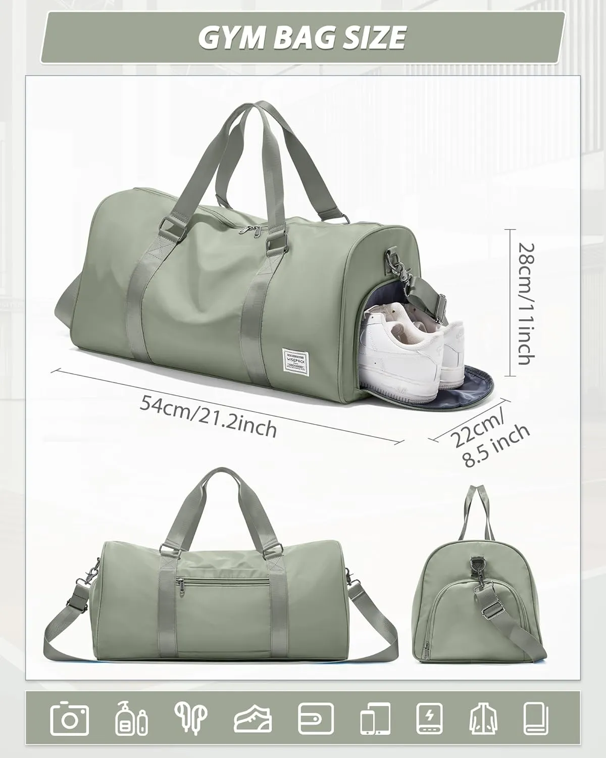Gym Bag for Women Men with Shoe Compartment,Small Travel Duffle Bags for Traveling Overnight Weekender Bag Personal Item Travel Bag Large Sport Bag Workout Bag Grey Green