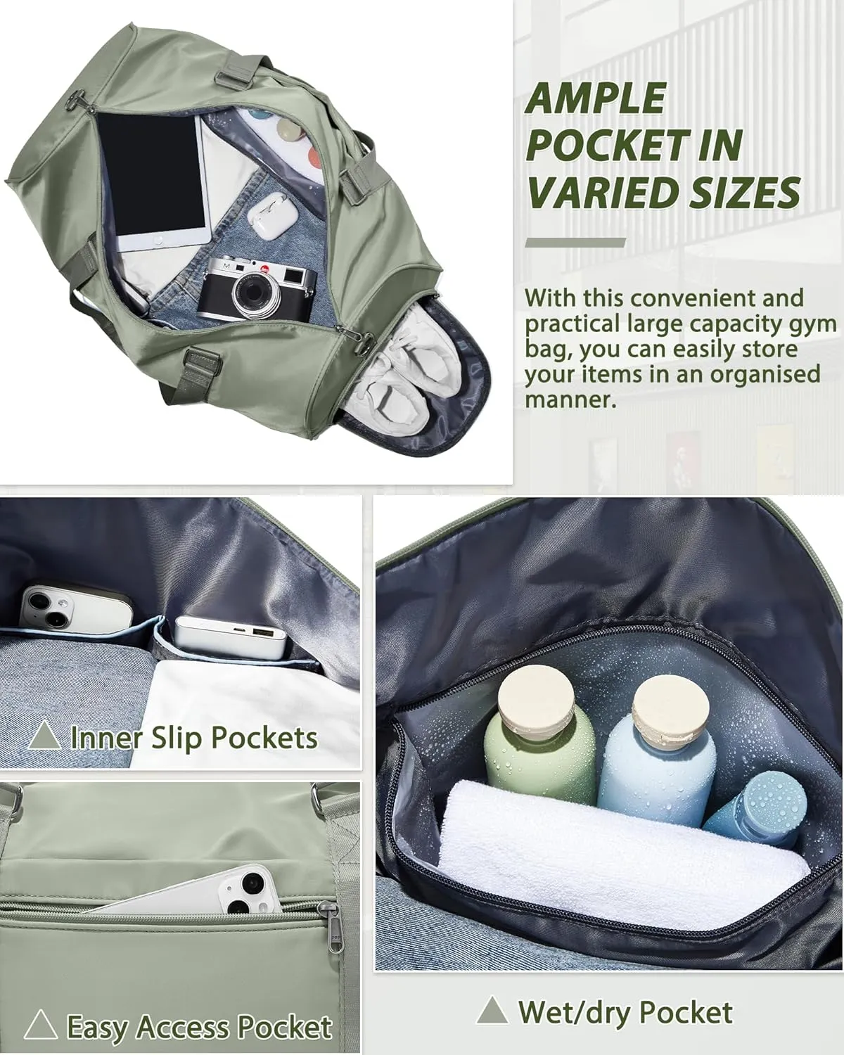 Gym Bag for Women Men with Shoe Compartment,Small Travel Duffle Bags for Traveling Overnight Weekender Bag Personal Item Travel Bag Large Sport Bag Workout Bag Grey Green