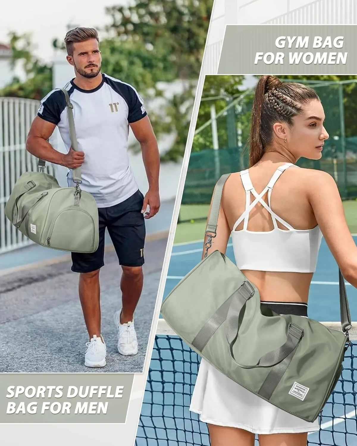 Gym Bag for Women Men with Shoe Compartment,Small Travel Duffle Bags for Traveling Overnight Weekender Bag Personal Item Travel Bag Large Sport Bag Workout Bag Grey Green