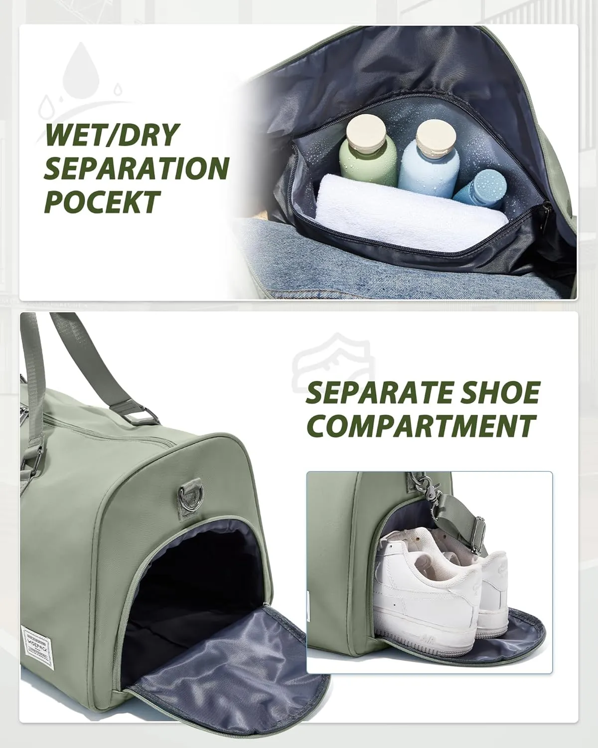 Gym Bag for Women Men with Shoe Compartment,Small Travel Duffle Bags for Traveling Overnight Weekender Bag Personal Item Travel Bag Large Sport Bag Workout Bag Grey Green