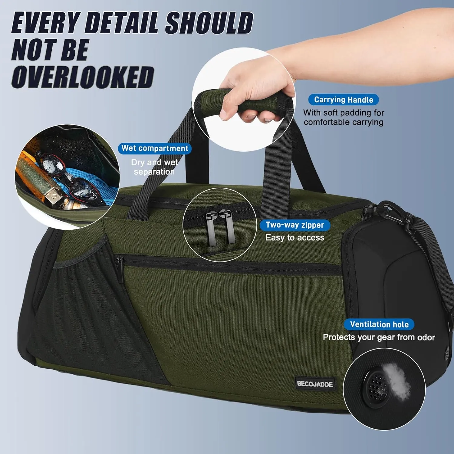 Gym Bags for Men Women 45L Large Gym Backpack Multiple Pockets Sport Duffle Bags with Shoe & Wet Compartment for Workout Travel Weekend Overnight Green
