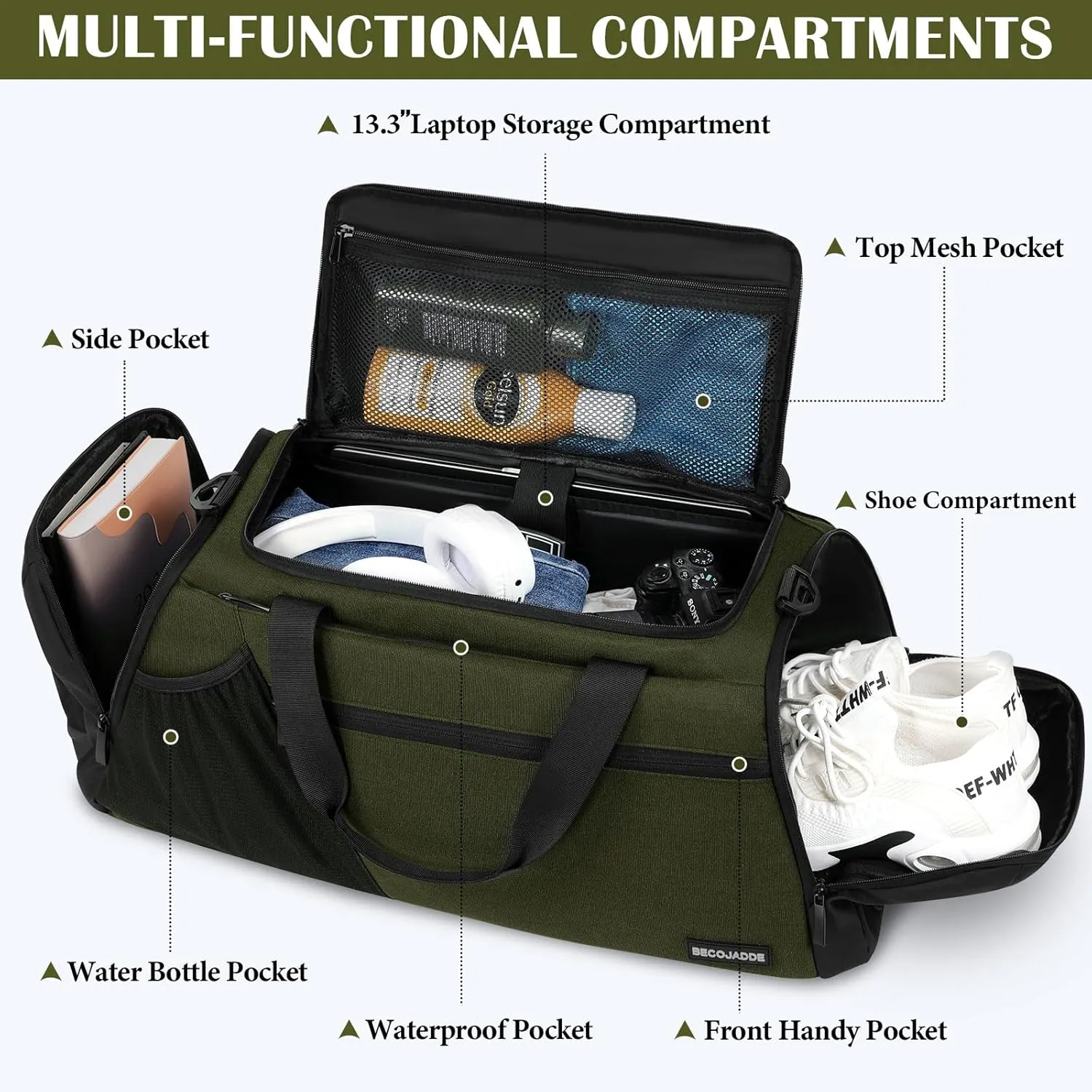Gym Bags for Men Women 45L Large Gym Backpack Multiple Pockets Sport Duffle Bags with Shoe & Wet Compartment for Workout Travel Weekend Overnight Green