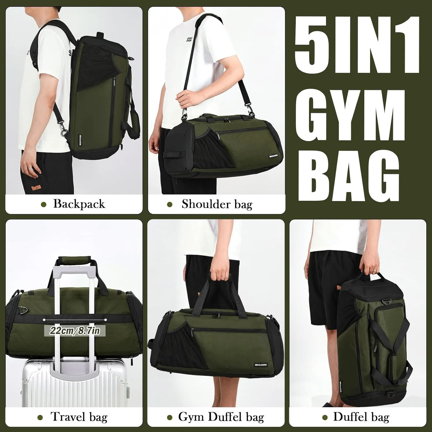 Gym Bags for Men Women 45L Large Gym Backpack Multiple Pockets Sport Duffle Bags with Shoe & Wet Compartment for Workout Travel Weekend Overnight Green