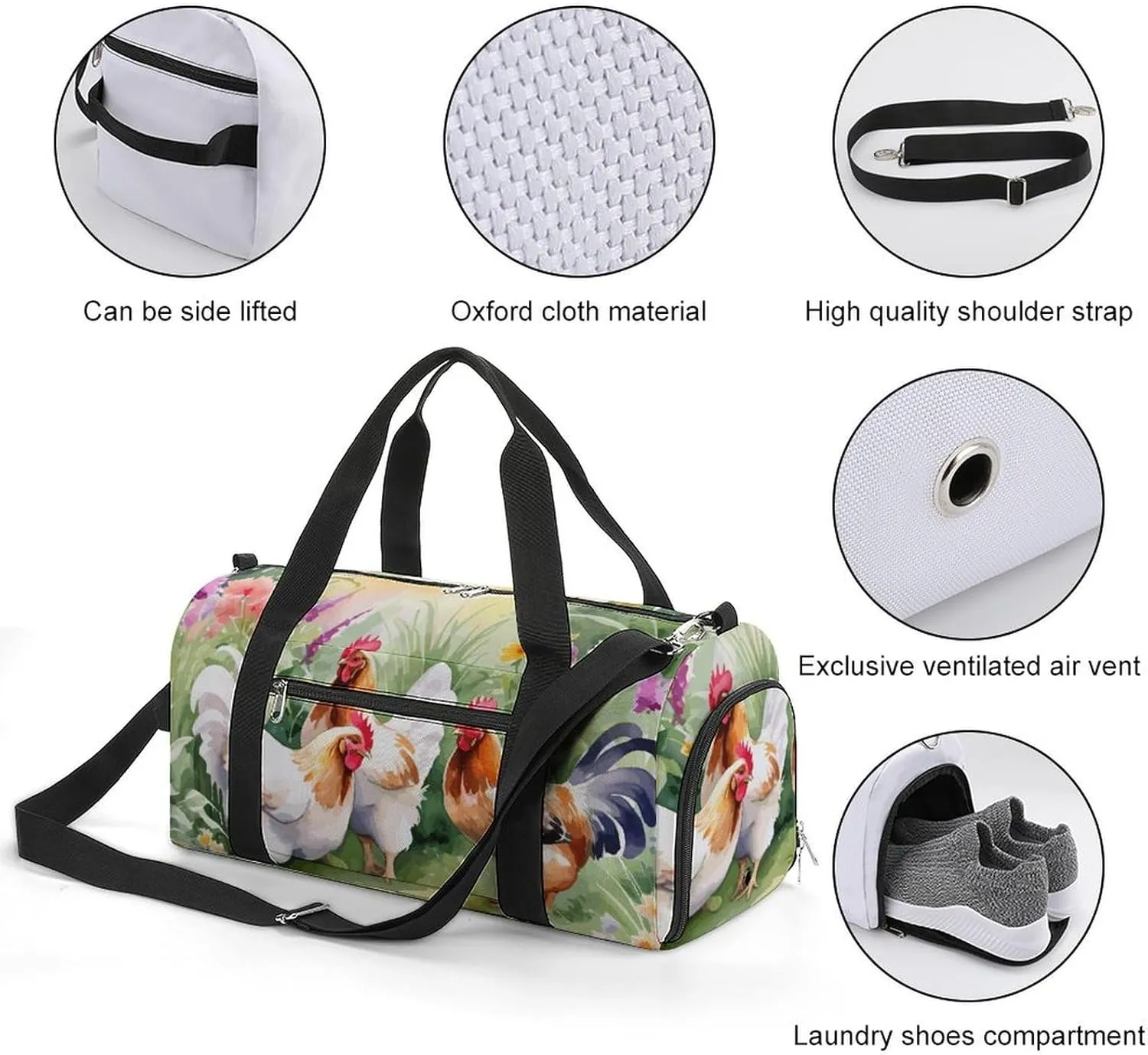 Gym Duffel Bag with Shoe Compartment Wet Pocket, Chicken Bird Cartoon Travel Bag for Men Women