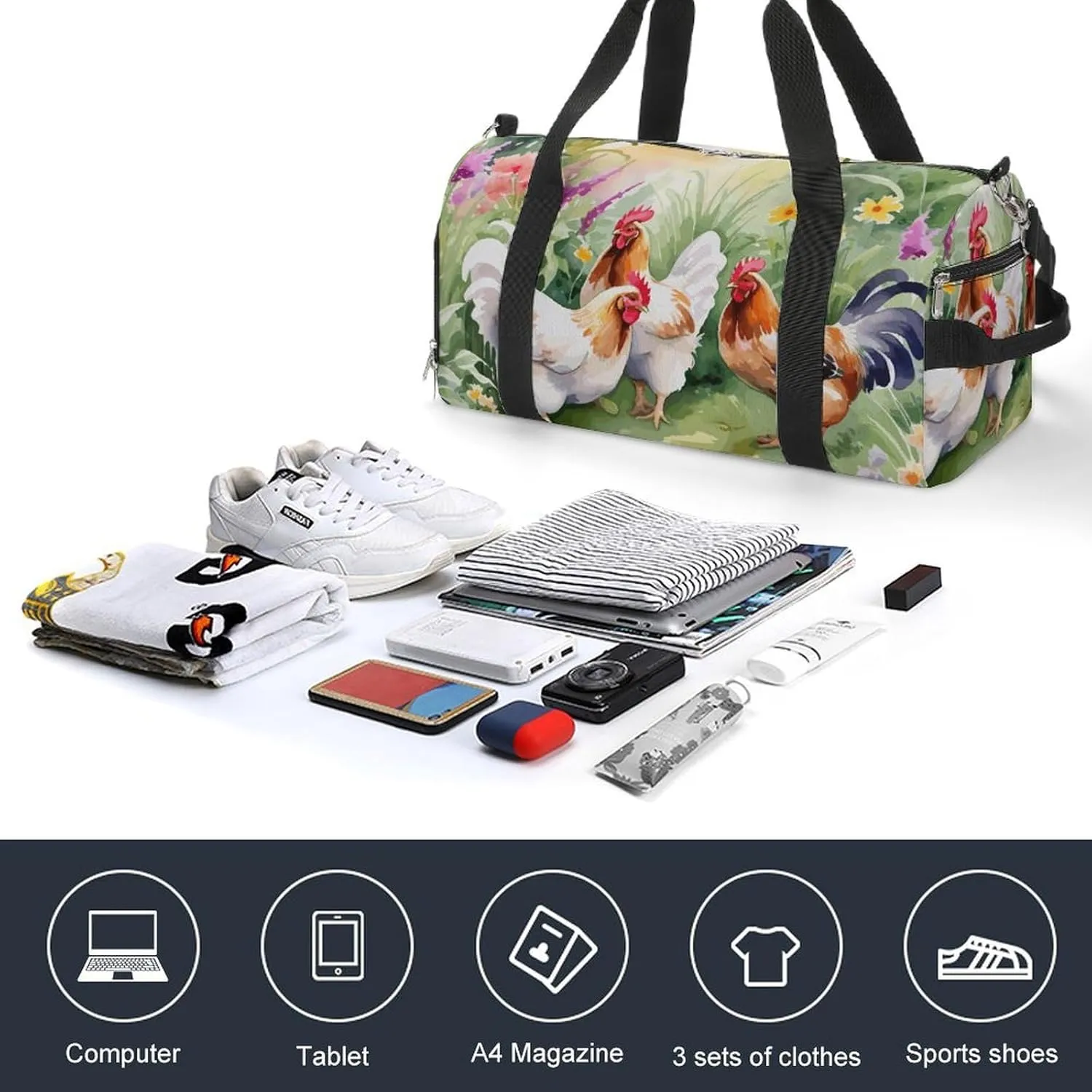 Gym Duffel Bag with Shoe Compartment Wet Pocket, Chicken Bird Cartoon Travel Bag for Men Women