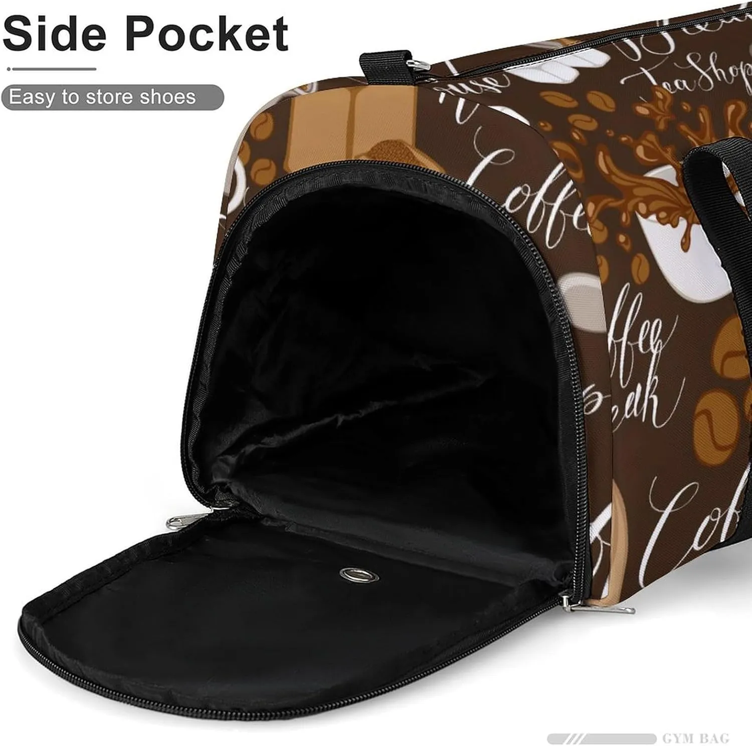 Gym Duffel Bag with Shoe Compartment Wet Pocket, Coffee Theme Travel Bag for Men Women
