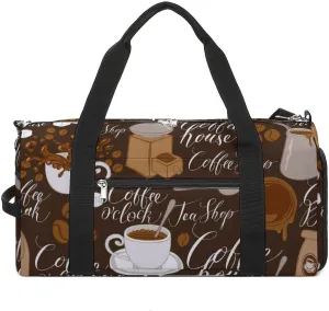 Gym Duffel Bag with Shoe Compartment Wet Pocket, Coffee Theme Travel Bag for Men Women