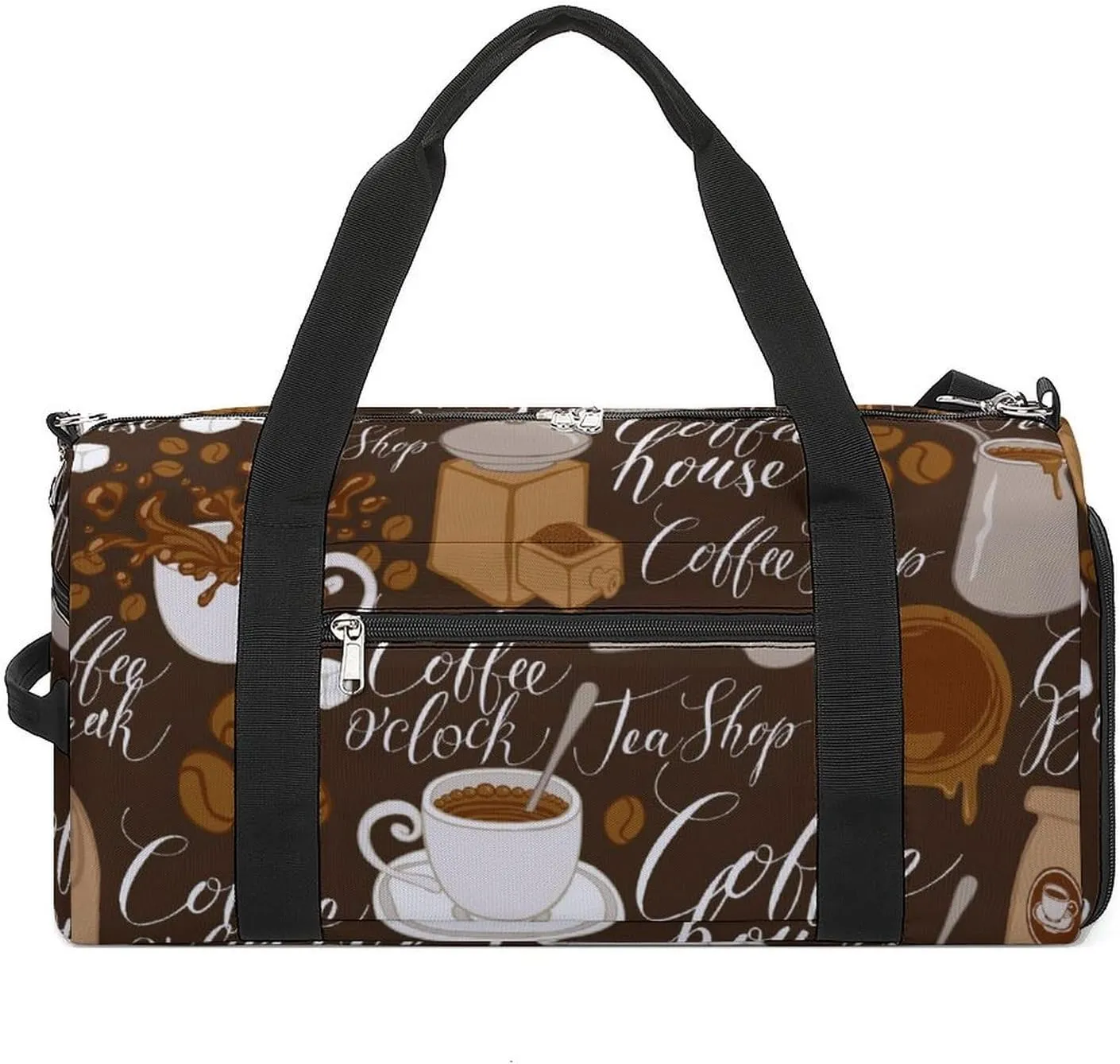 Gym Duffel Bag with Shoe Compartment Wet Pocket, Coffee Theme Travel Bag for Men Women