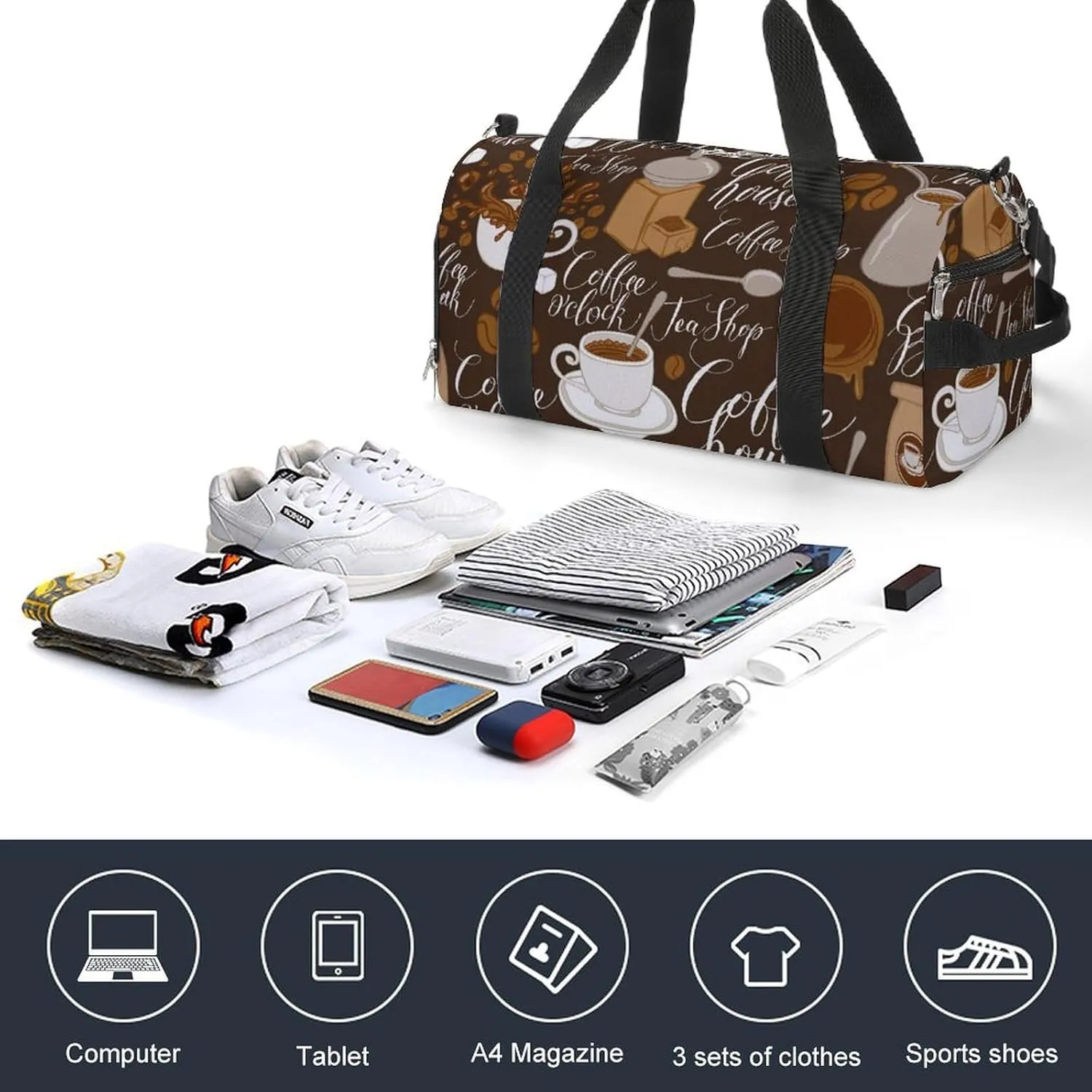 Gym Duffel Bag with Shoe Compartment Wet Pocket, Coffee Theme Travel Bag for Men Women