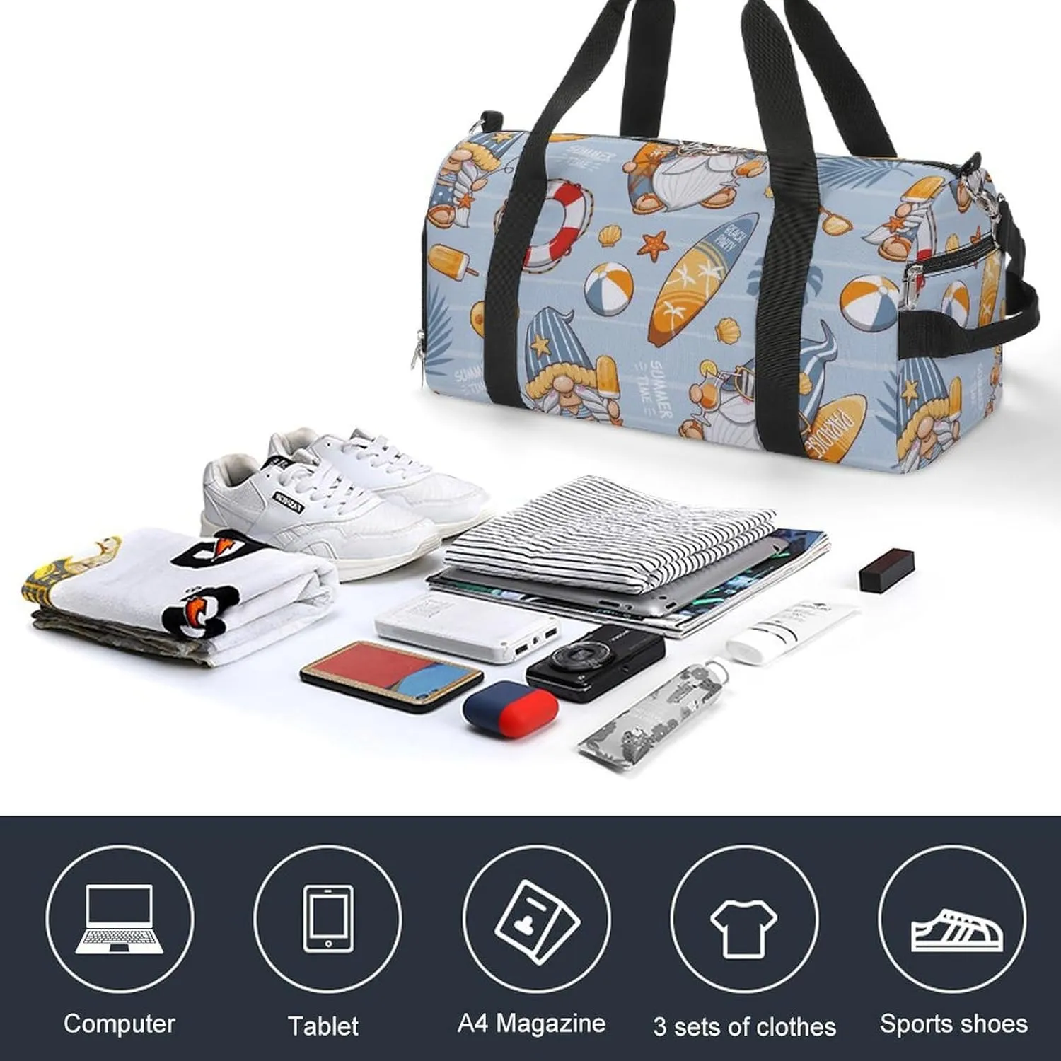 Gym Duffel Bag with Shoe Compartment Wet Pocket, Cute Gnome Blue Travel Bag for Men Women