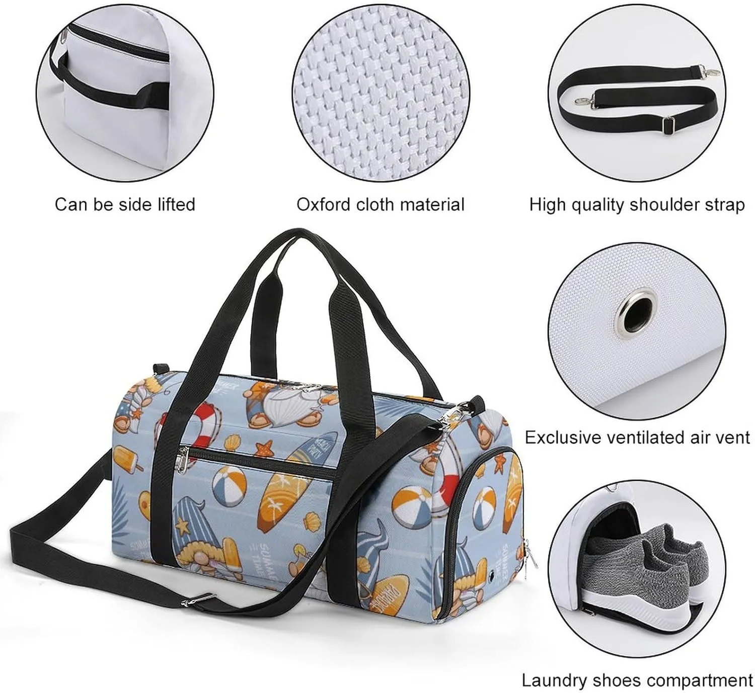Gym Duffel Bag with Shoe Compartment Wet Pocket, Cute Gnome Blue Travel Bag for Men Women