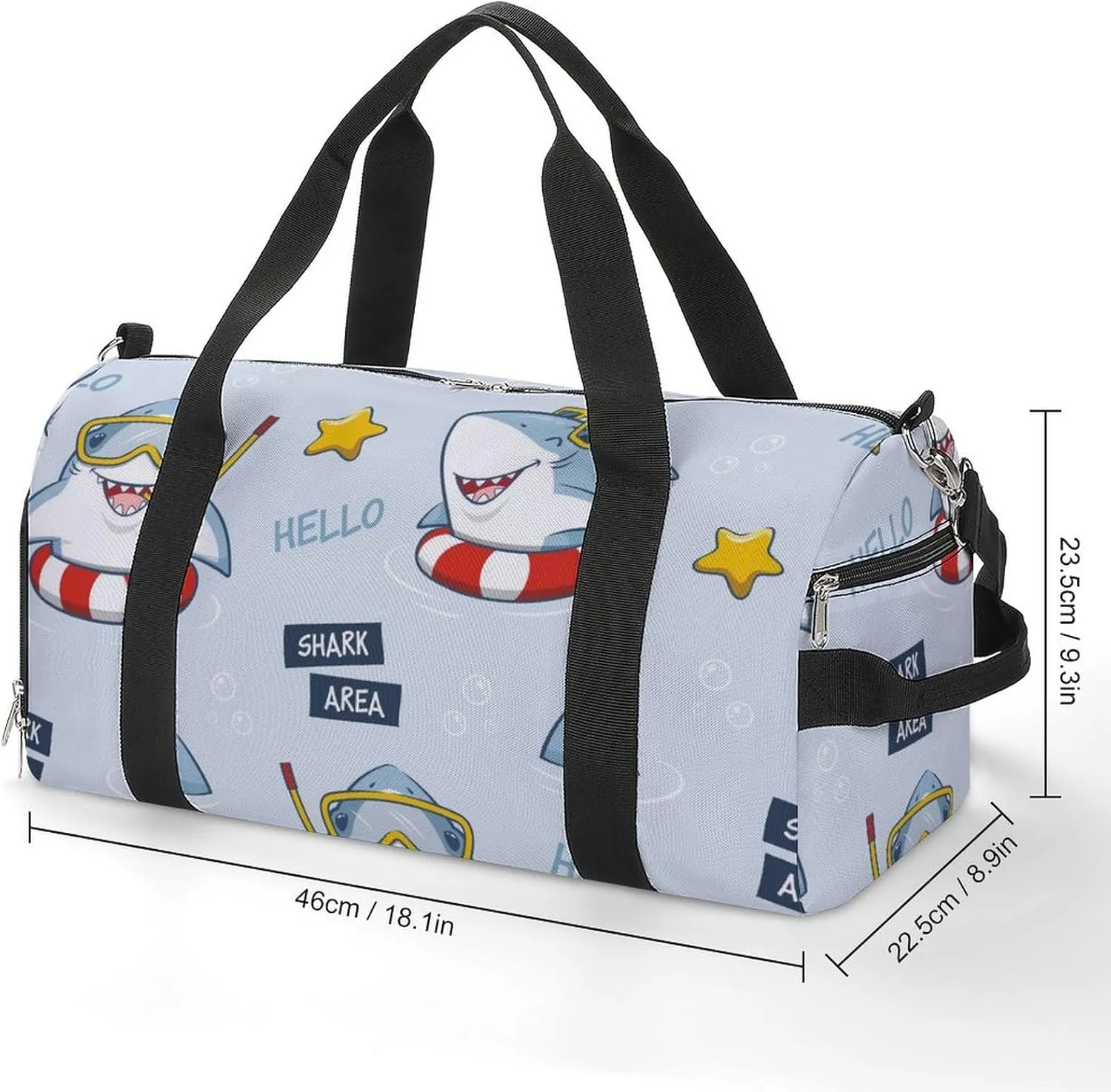 Gym Duffel Bag with Shoe Compartment Wet Pocket, Cute Sharks Cartoon Travel Bag for Men Women
