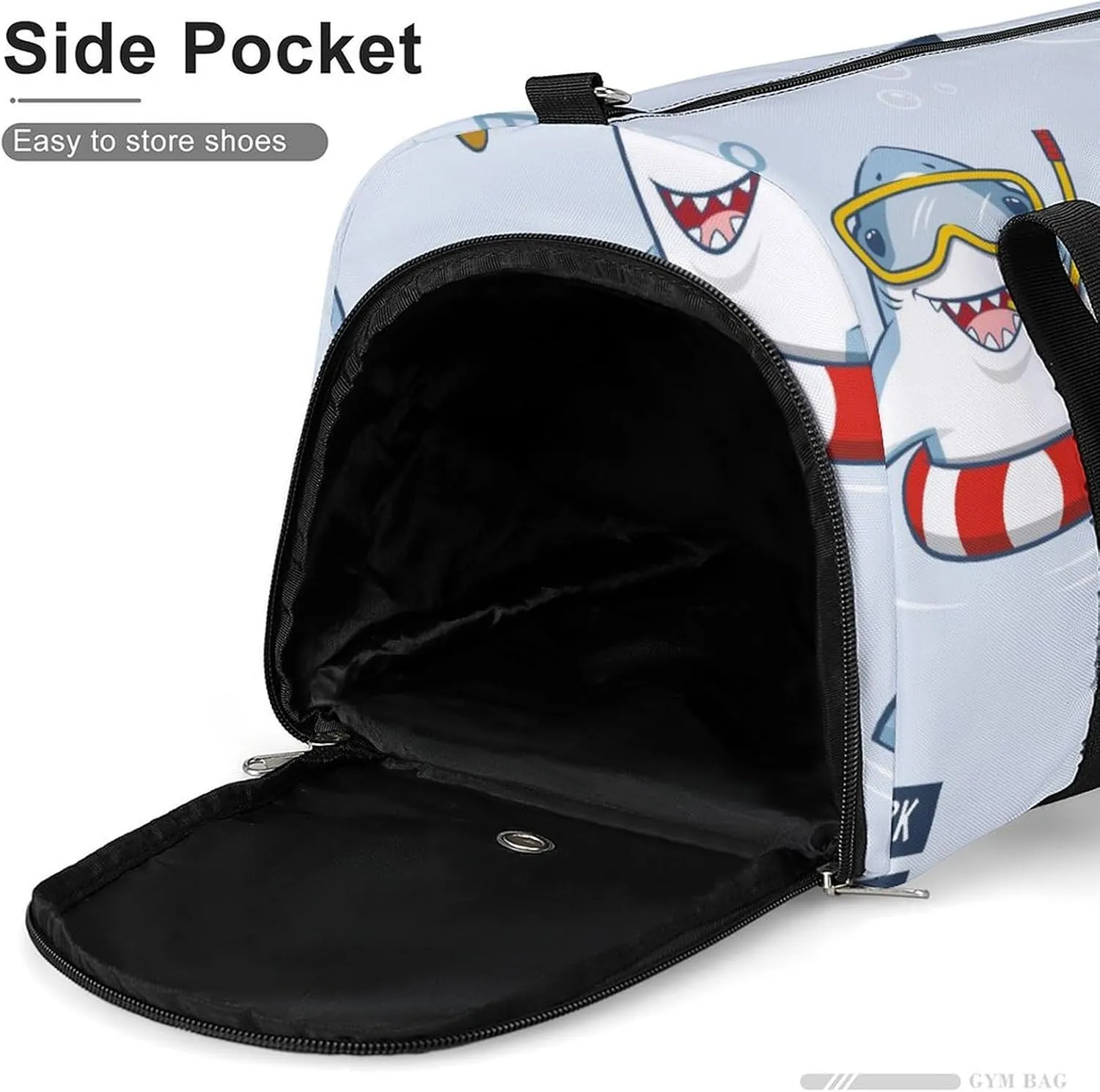 Gym Duffel Bag with Shoe Compartment Wet Pocket, Cute Sharks Cartoon Travel Bag for Men Women
