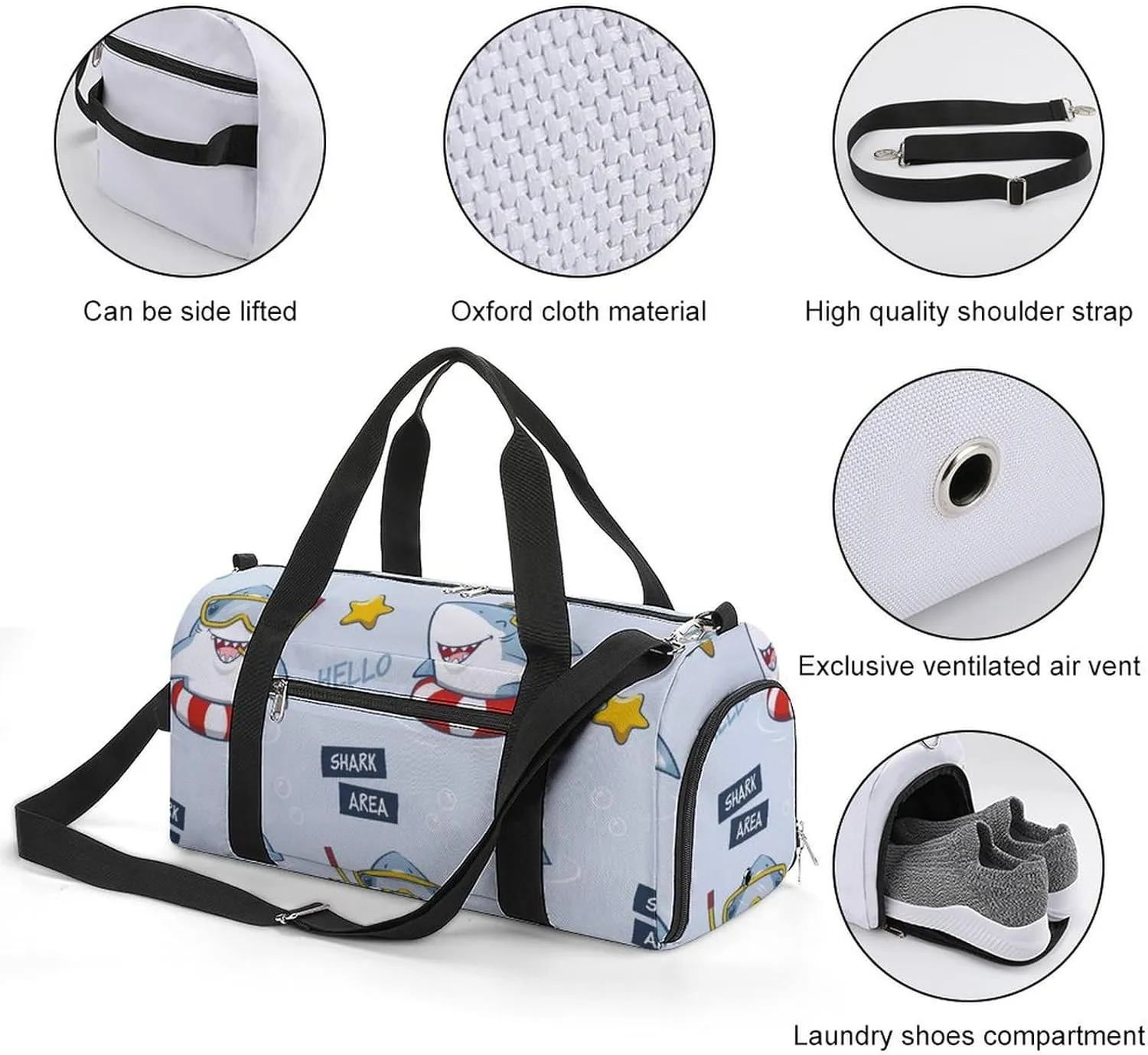 Gym Duffel Bag with Shoe Compartment Wet Pocket, Cute Sharks Cartoon Travel Bag for Men Women