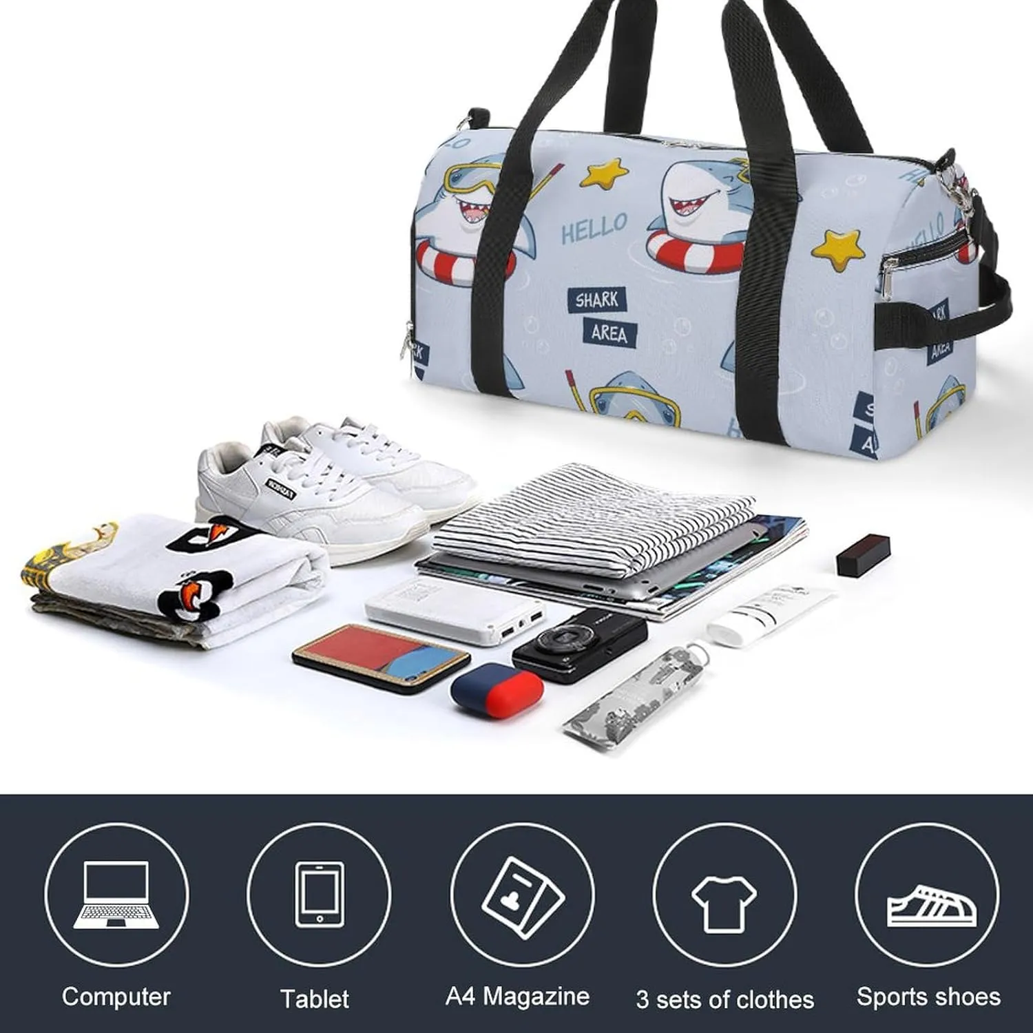 Gym Duffel Bag with Shoe Compartment Wet Pocket, Cute Sharks Cartoon Travel Bag for Men Women