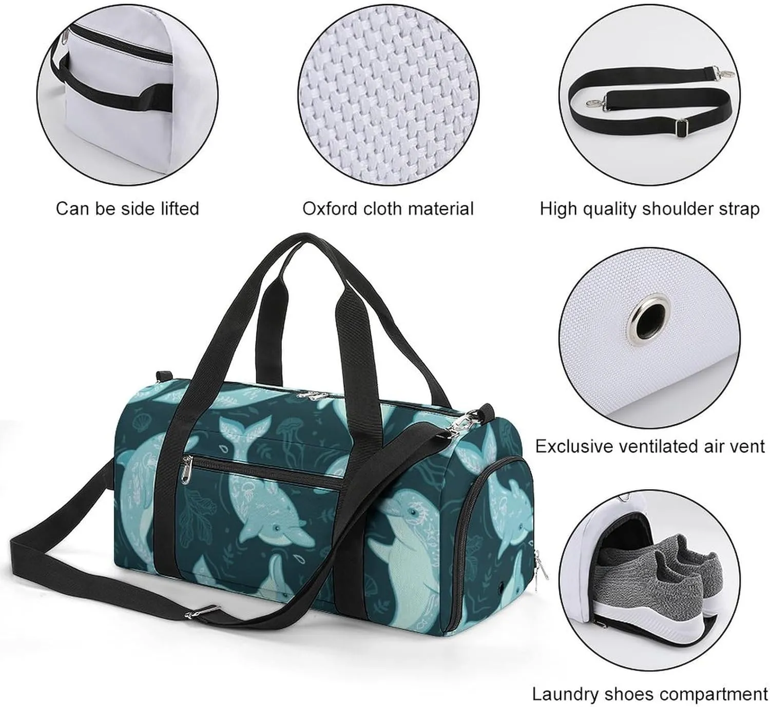 Gym Duffel Bag with Shoe Compartment Wet Pocket, Dolphins Elements Travel Bag for Men Women