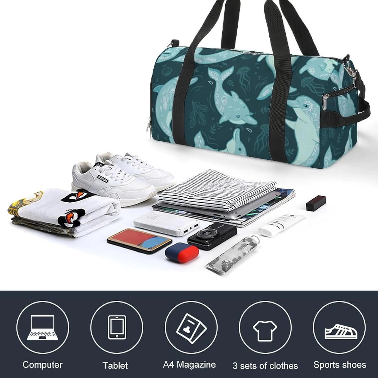 Gym Duffel Bag with Shoe Compartment Wet Pocket, Dolphins Elements Travel Bag for Men Women