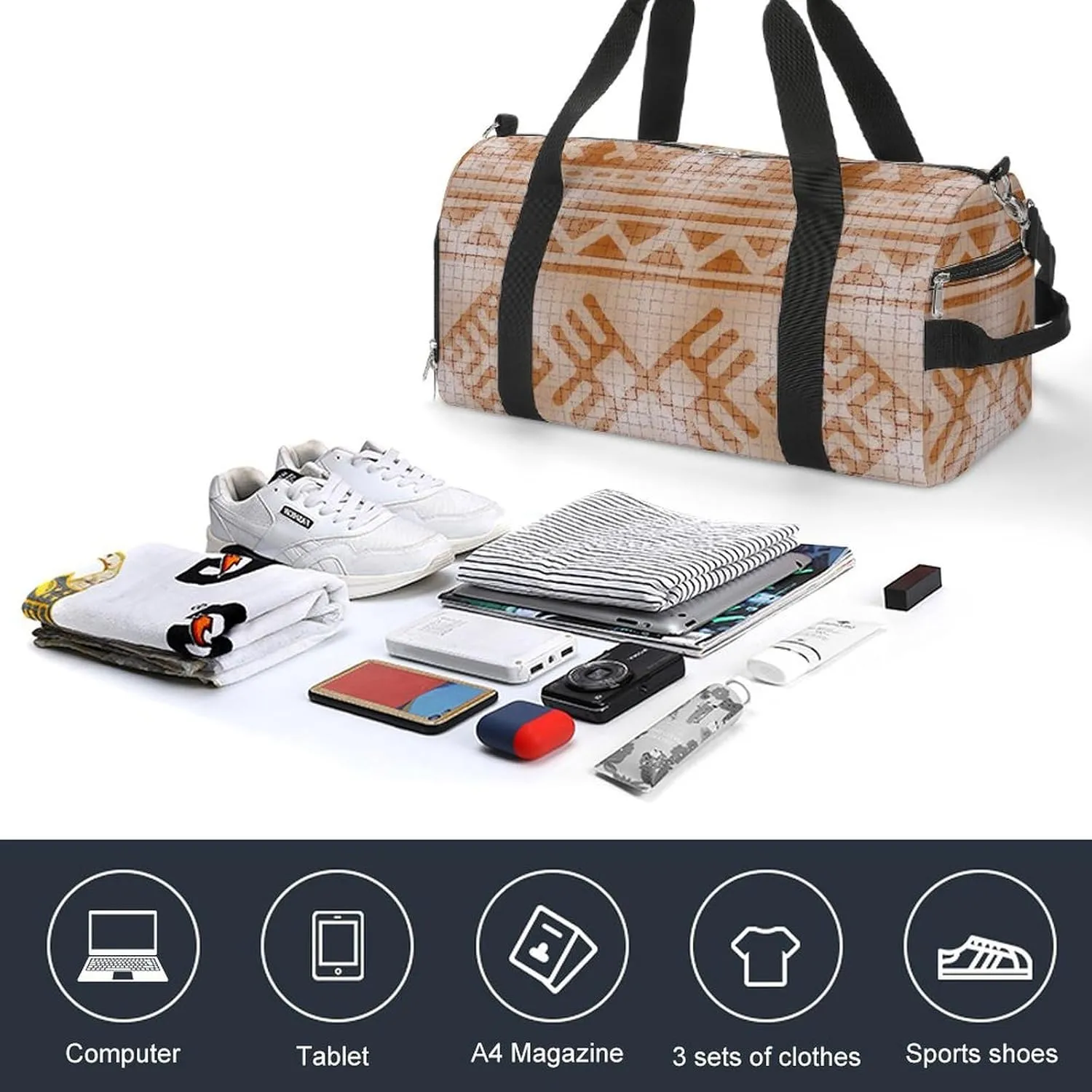 Gym Duffel Bag with Shoe Compartment Wet Pocket, Ethnic Fashion Travel Bag for Men Women, style