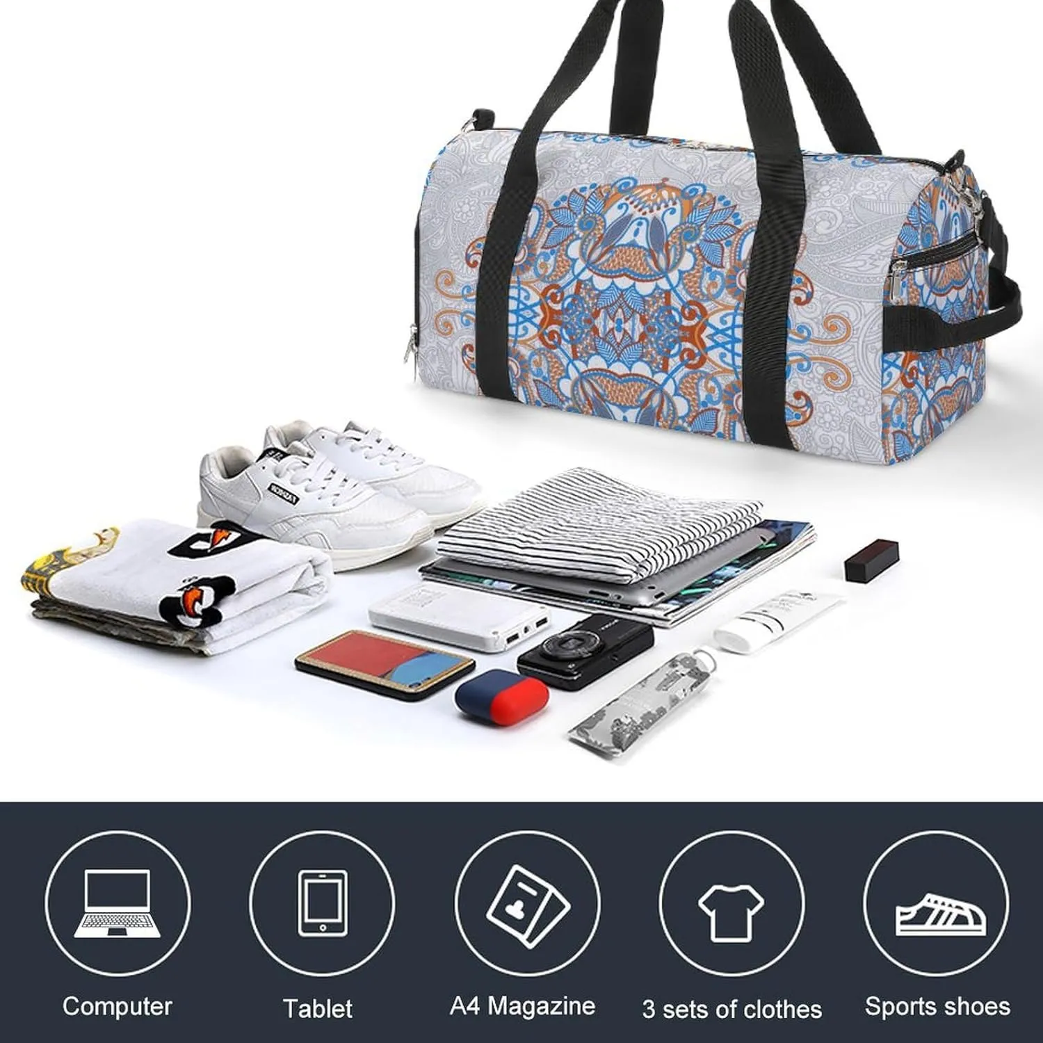 Gym Duffel Bag with Shoe Compartment Wet Pocket, Floral Design Travel Bag for Men Women, style-3