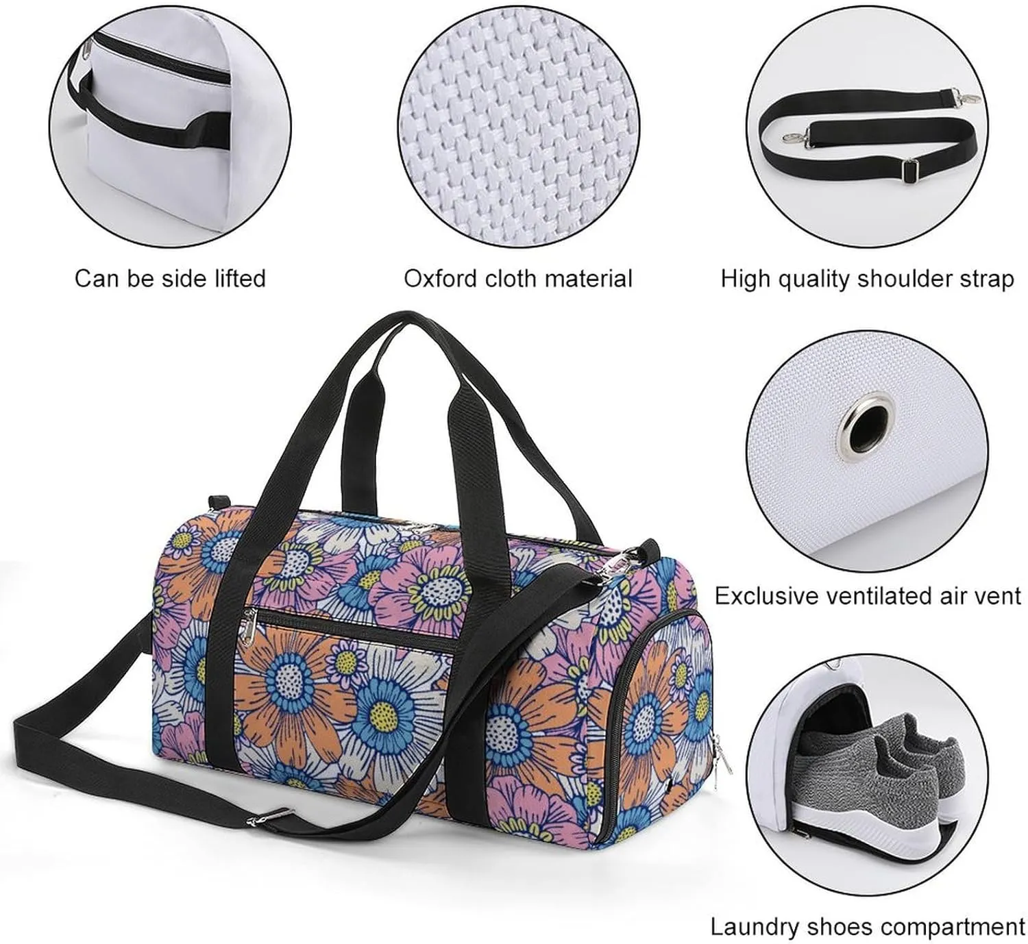 Gym Duffel Bag with Shoe Compartment Wet Pocket, Flower Hippie Pattern Travel Bag for Men Women, style