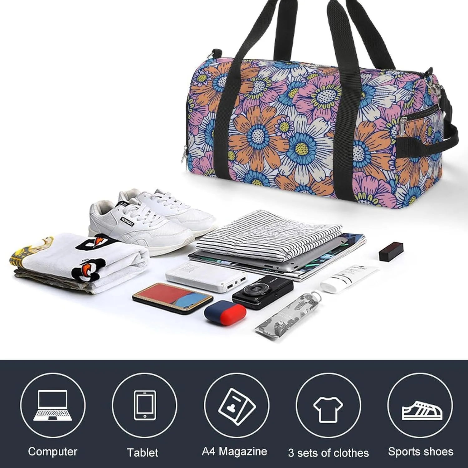 Gym Duffel Bag with Shoe Compartment Wet Pocket, Flower Hippie Pattern Travel Bag for Men Women, style