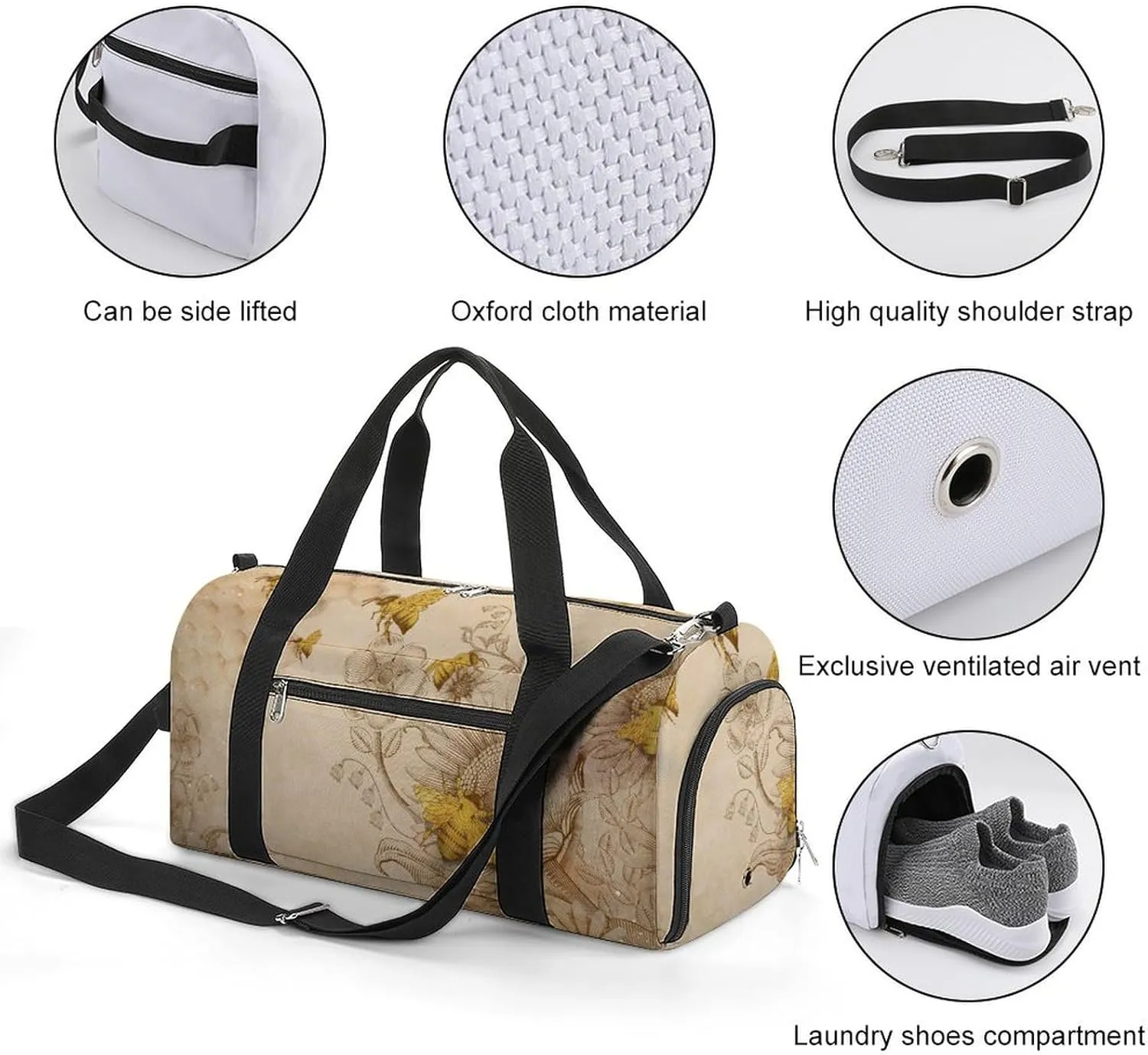 Gym Duffel Bag with Shoe Compartment Wet Pocket, Retro Beige Travel Bag for Men Women, style-1