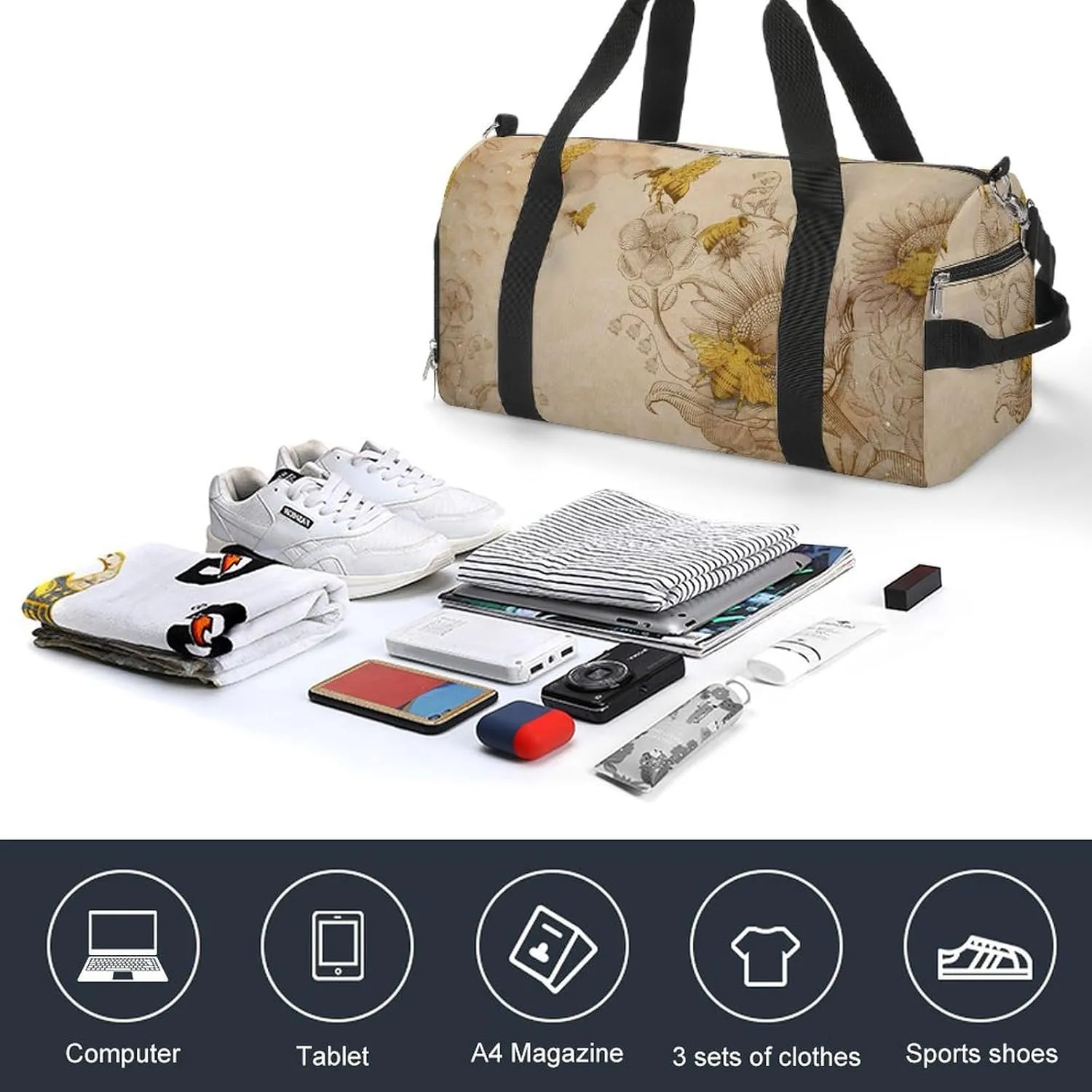 Gym Duffel Bag with Shoe Compartment Wet Pocket, Retro Beige Travel Bag for Men Women, style-1